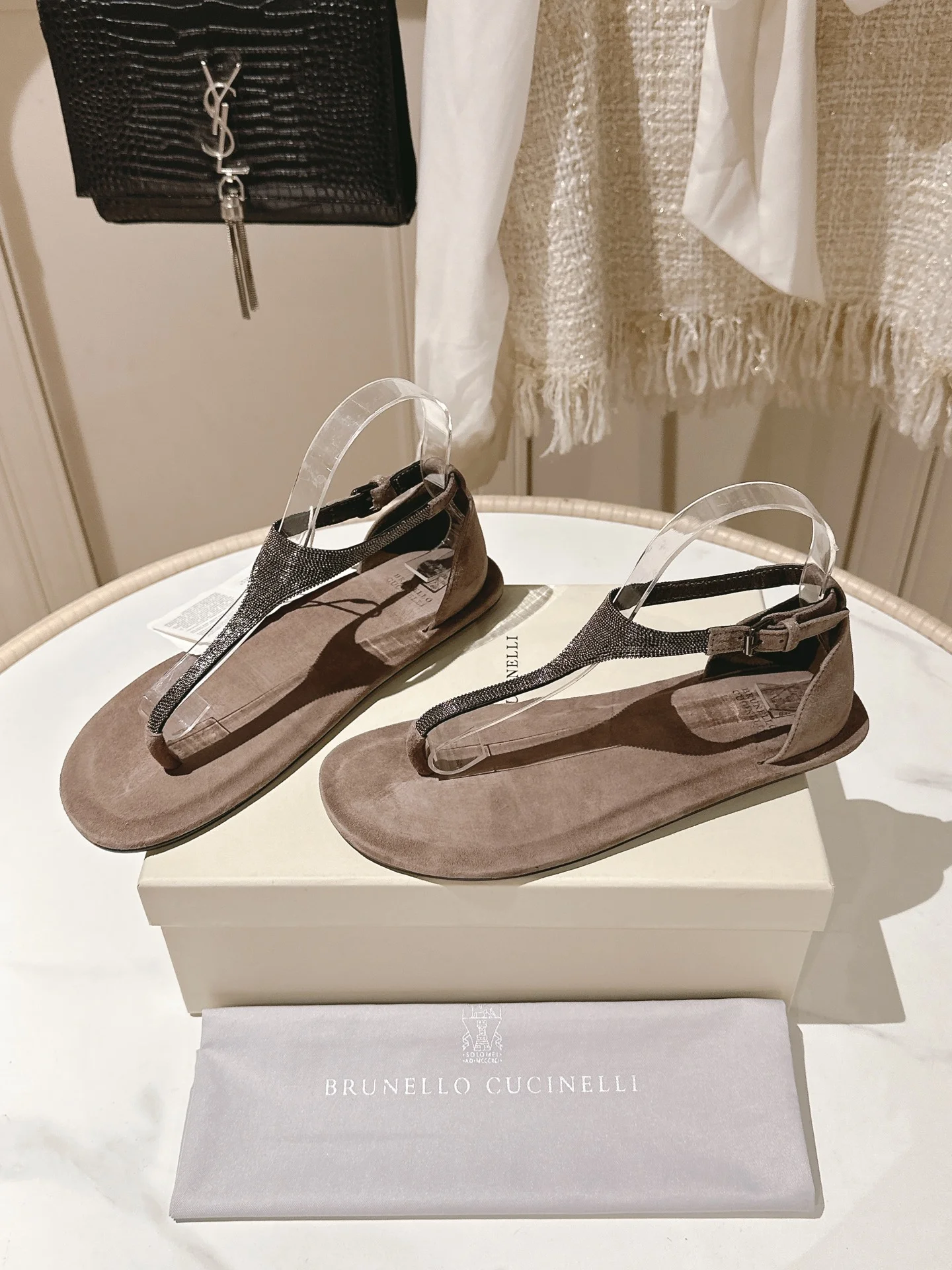 Brunello Cucinelli Women’s Brown Suede Flat Sandals – T-Strap Crystal Accent