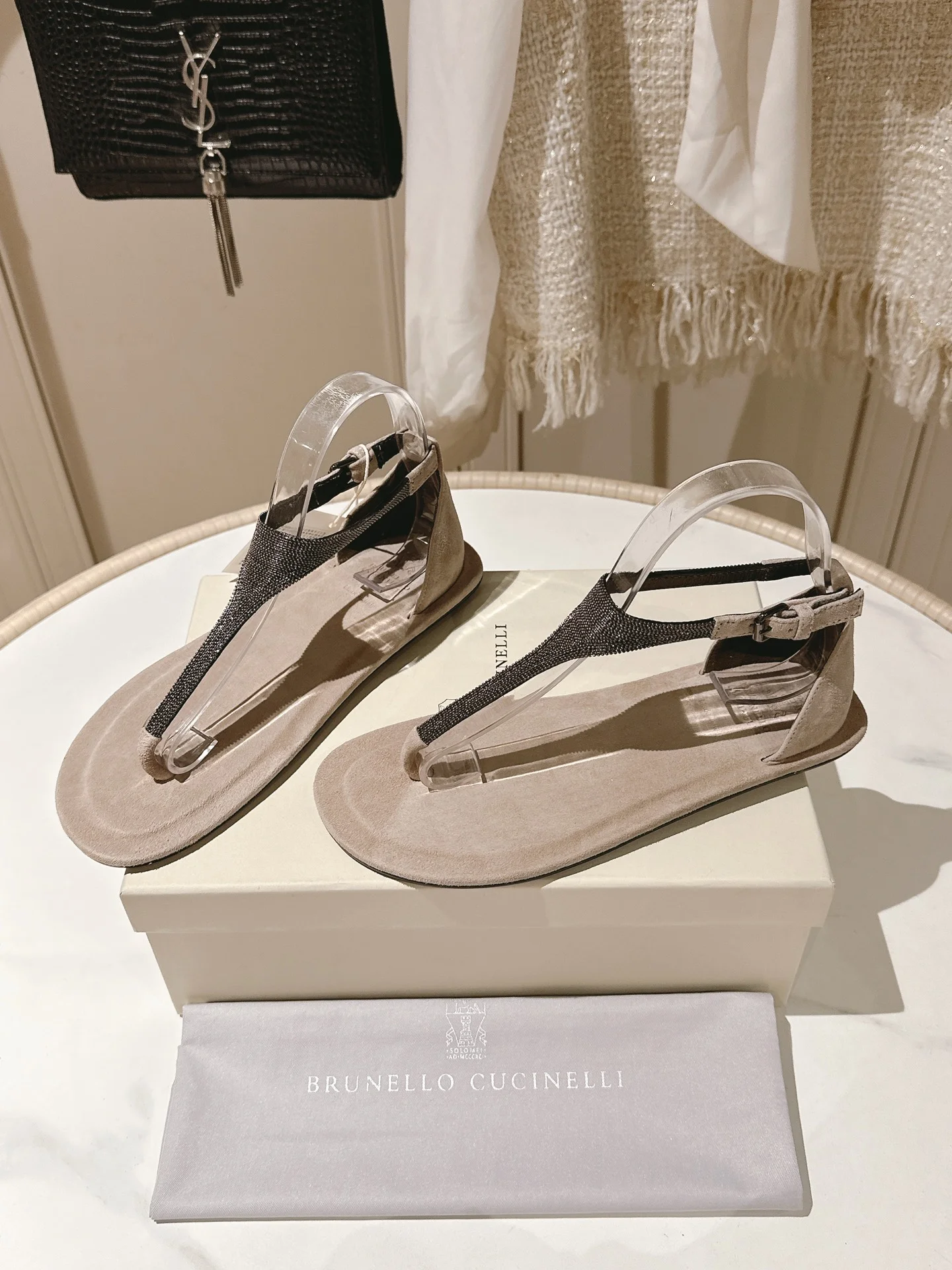 Brunello Cucinelli Women’s Beige Suede Flat Sandals – Beaded T-Strap Design