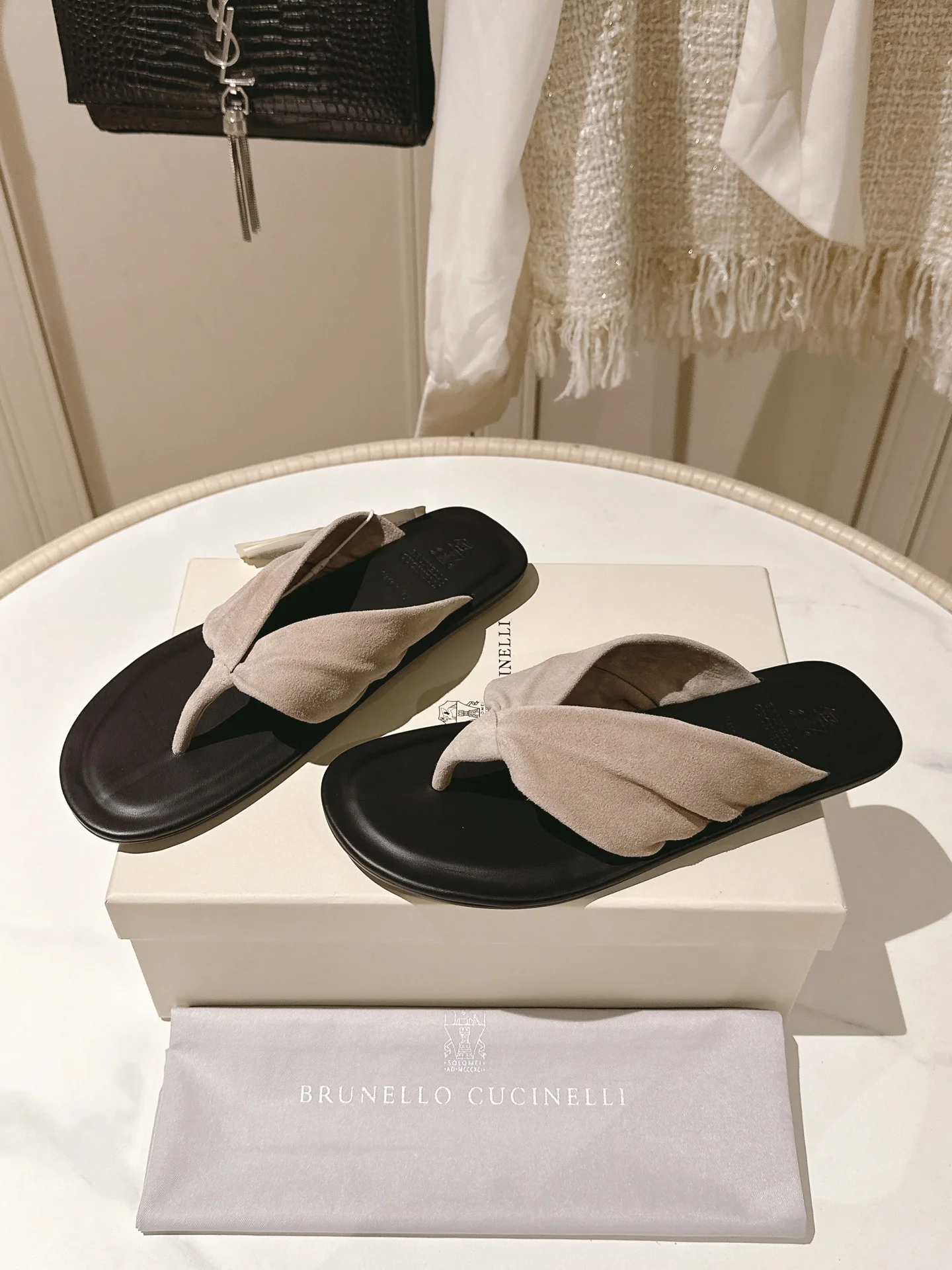 Brunello Cucinelli Women’s Soft Suede Criss-Cross Thong Sandals – Beige and Black