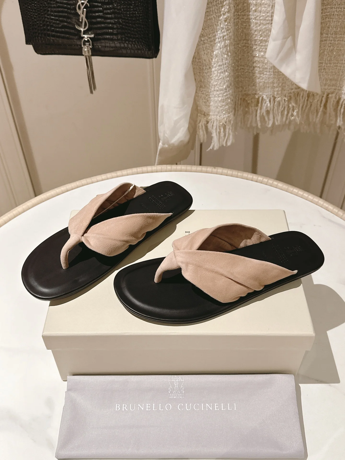 Brunello Cucinelli Women’s Cross-Knot Suede Leather Sandals – Light Blush Pink