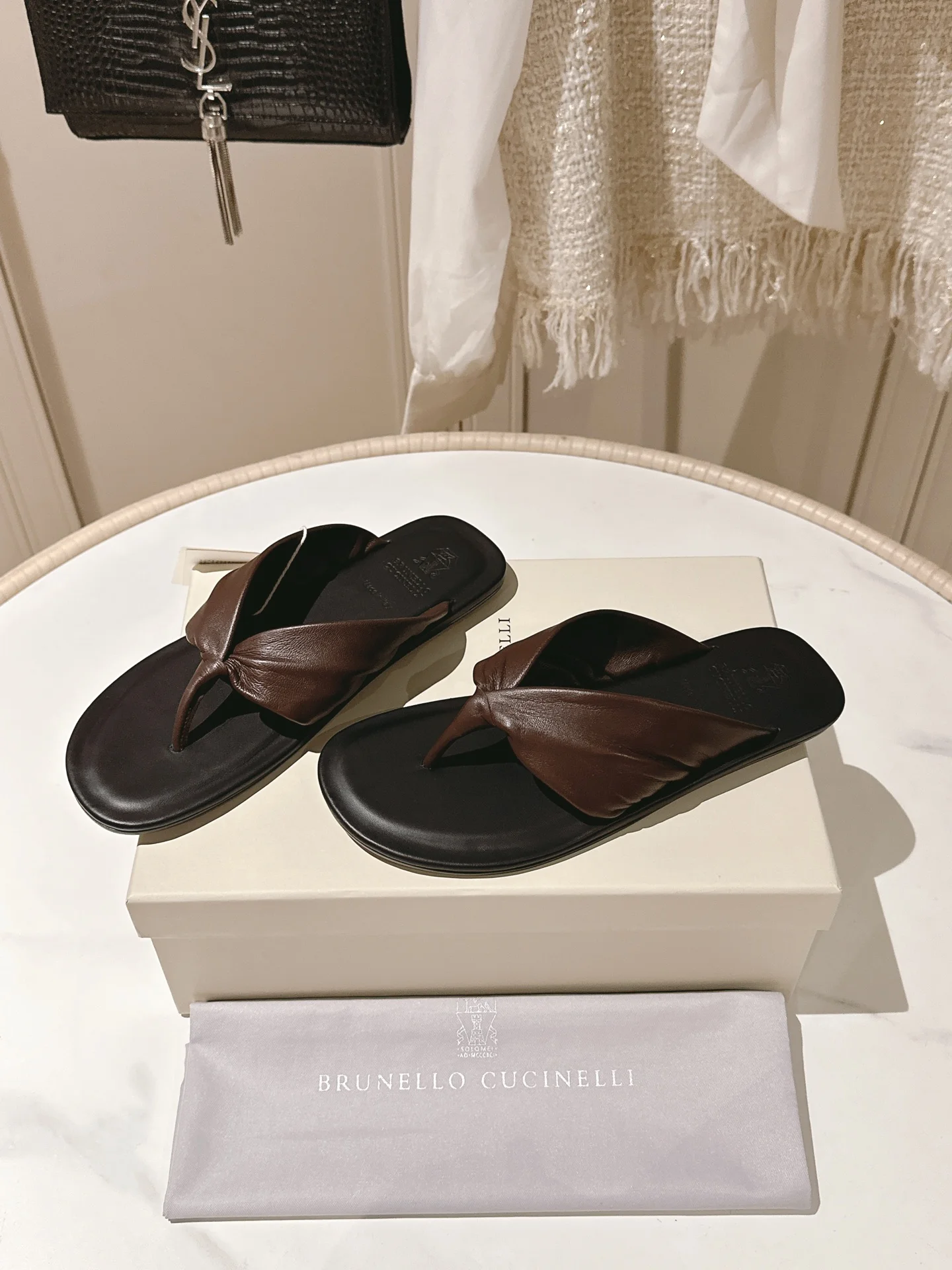 Brunello Cucinelli Men’s Leather Cross-Knot Slide Sandals – Dark Brown