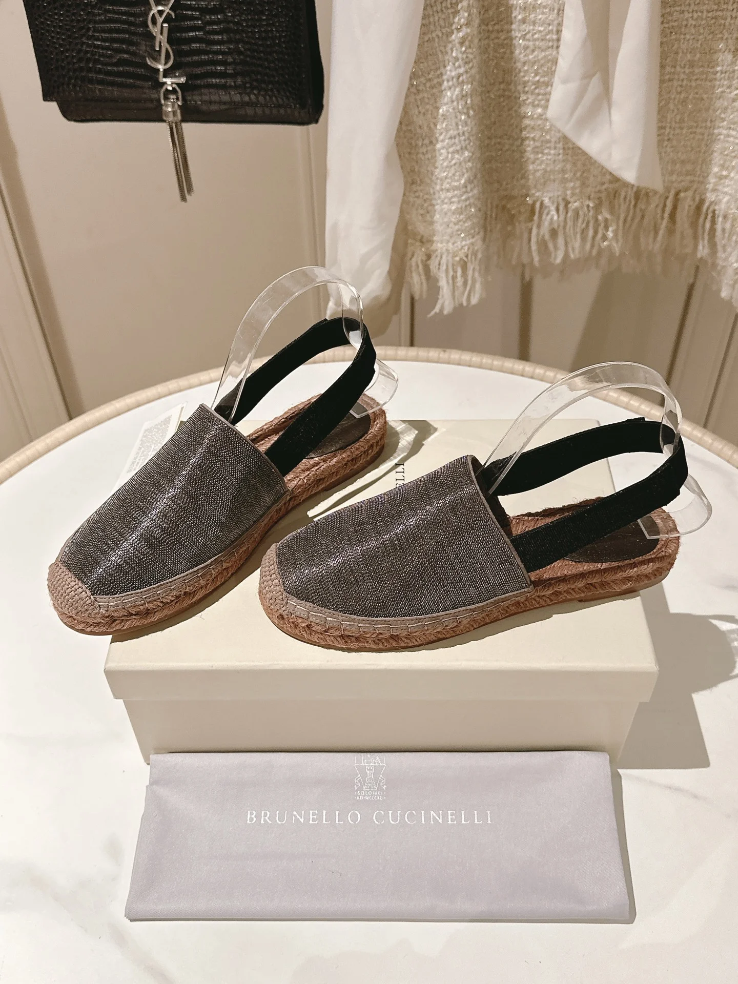 Brunello Cucinelli Women’s Luxury Espadrille Slingback Flats – Metallic Black