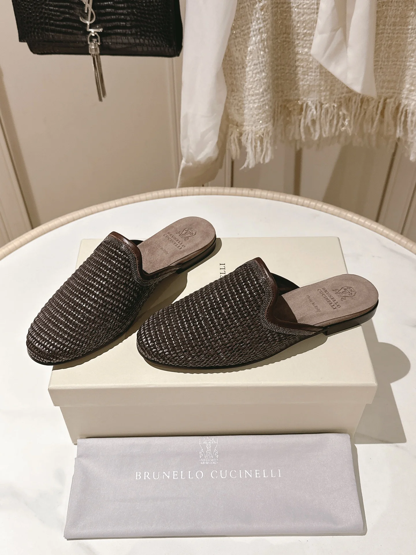 Brunello Cucinelli Women’s Raffia Beaded Slide Sandals – Handmade Flat Mules