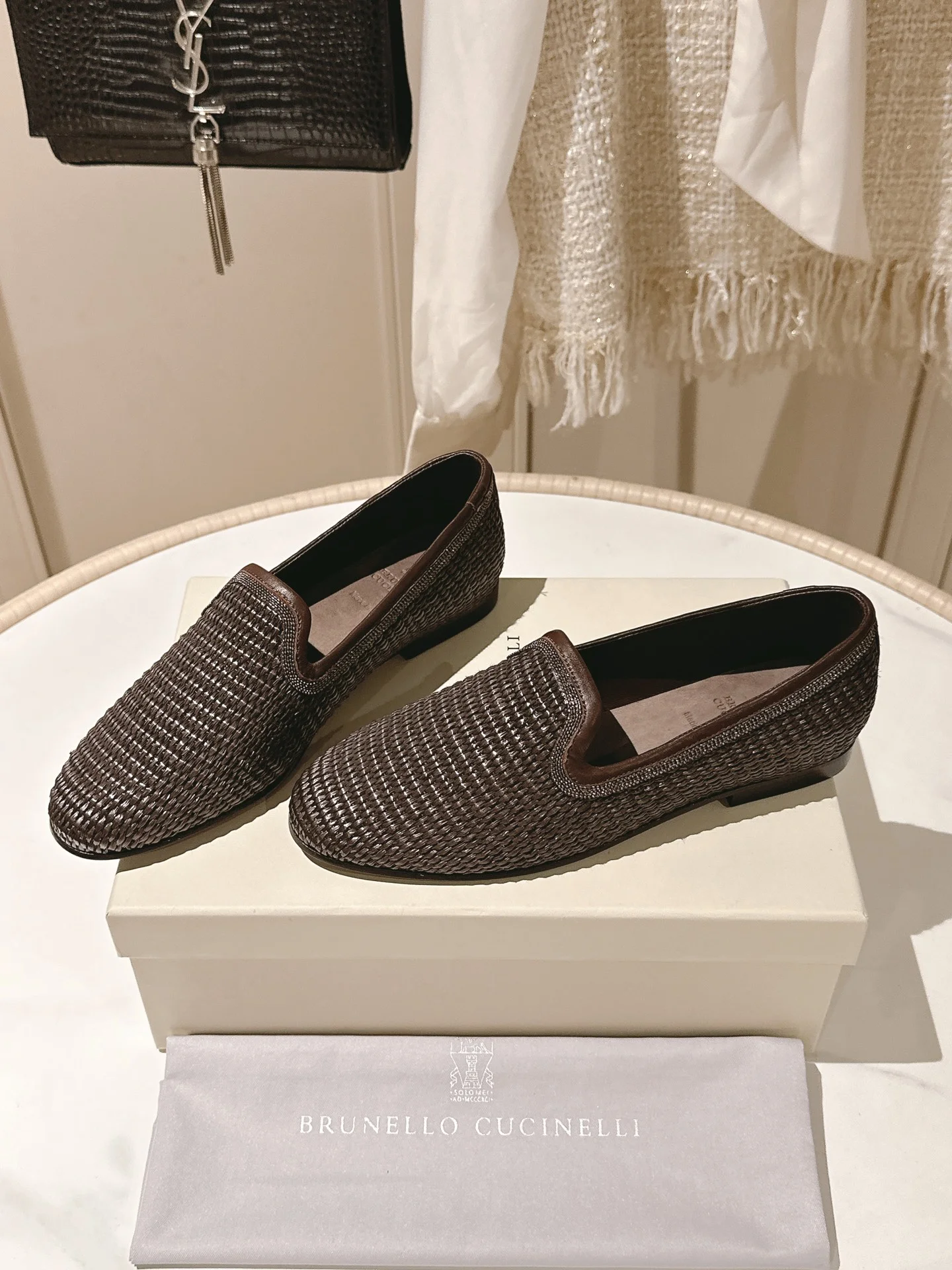 Brunello Cucinelli Raffia Beaded Tassel Flats – Dark Brown Handmade Loafers