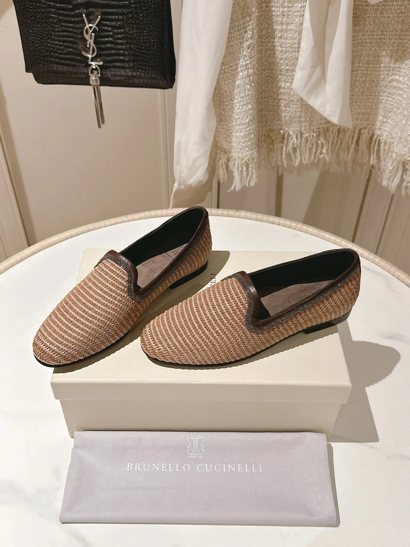 Brunello Cucinelli Raffia Flats with Beaded Trim – Light Brown Summer Slip-Ons