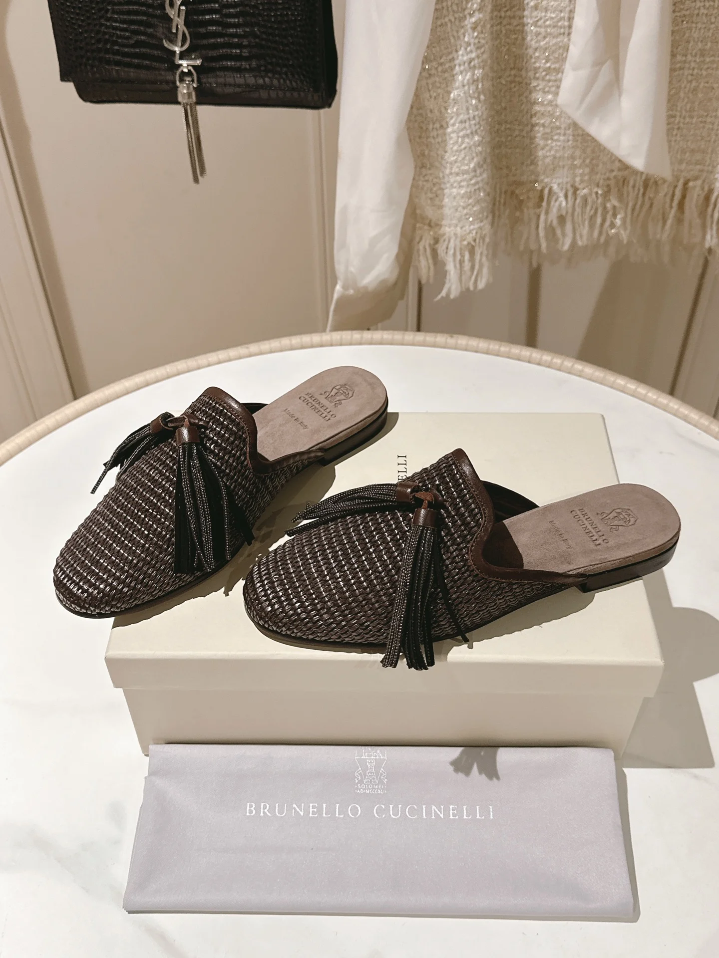 Brunello Cucinelli Raffia Tassel Slide – Hand-Beaded Flat Mules in Dark Brown