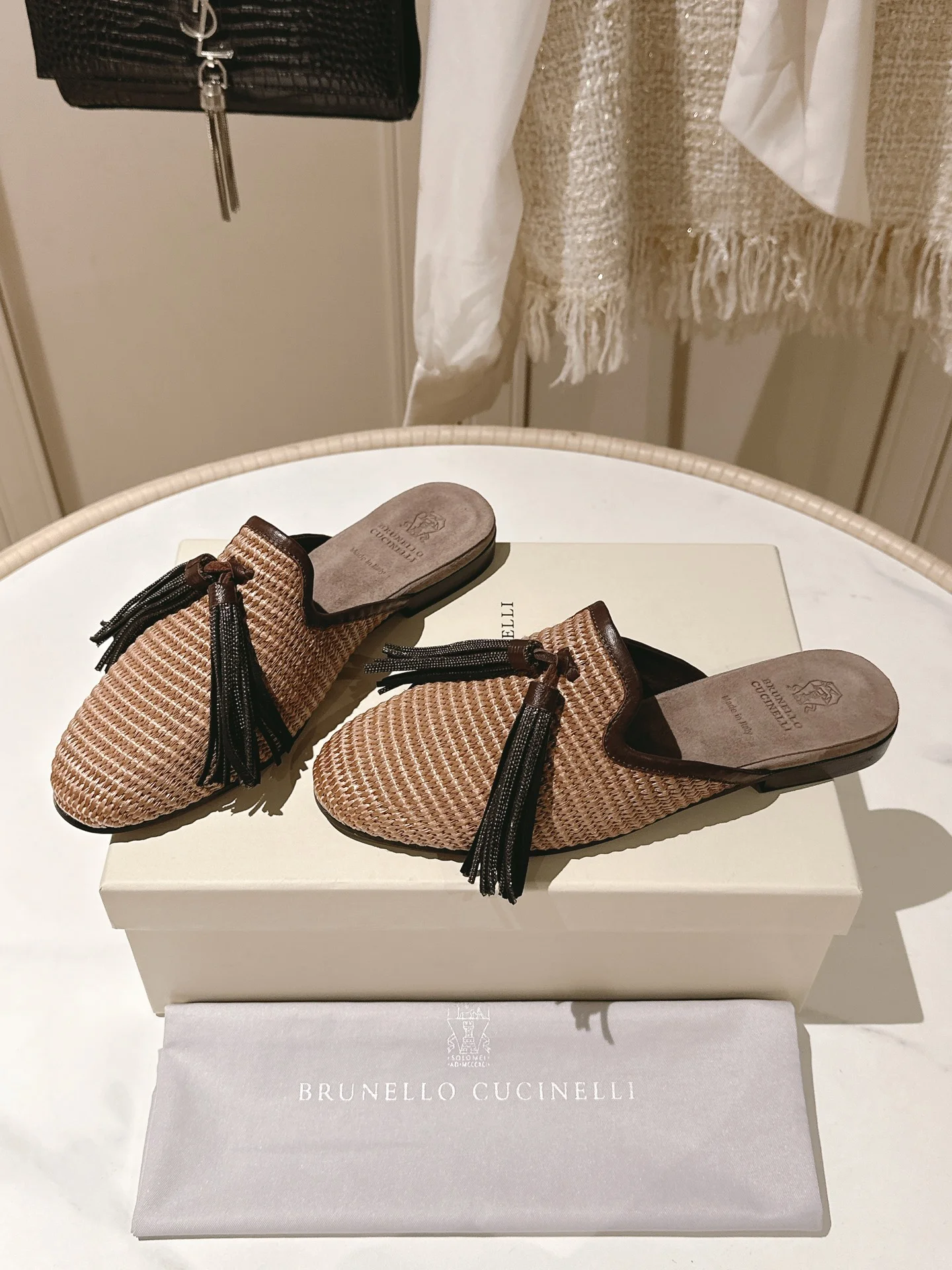Brunello Cucinelli Light Raffia Tassel Slide – Flat Mule Sandals with Hand-Beaded Detail