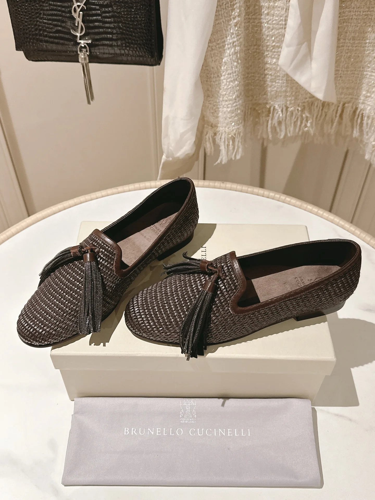 Brunello Cucinelli Dark Raffia Tassel Loafers – Handcrafted Beaded Detail Flat Shoes