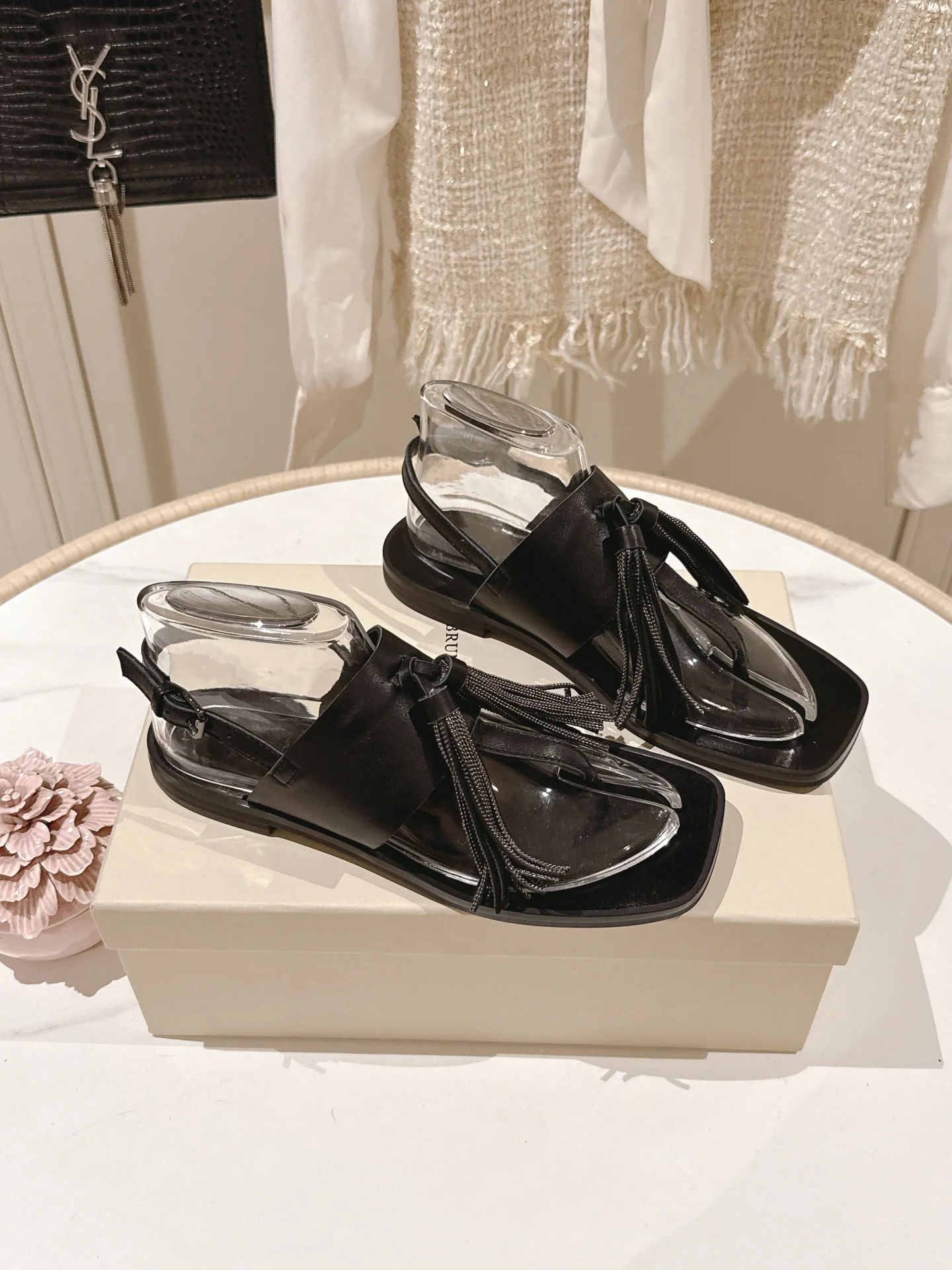 Brunello Cucinelli Black Leather Tassel Sandals – Flat Slide Sandals for Women