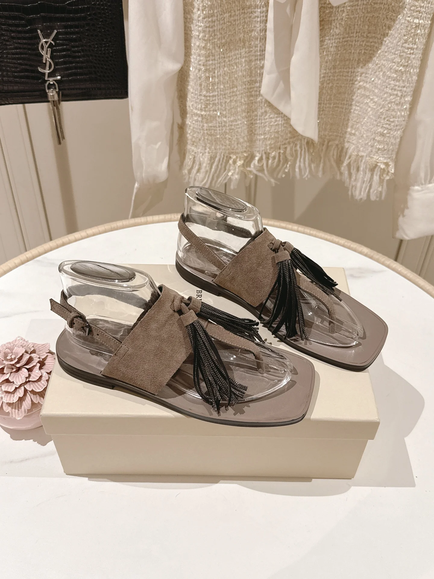 Brunello Cucinelli Taupe Suede Tassel Flat Sandals – Chic Italian Summer Slides