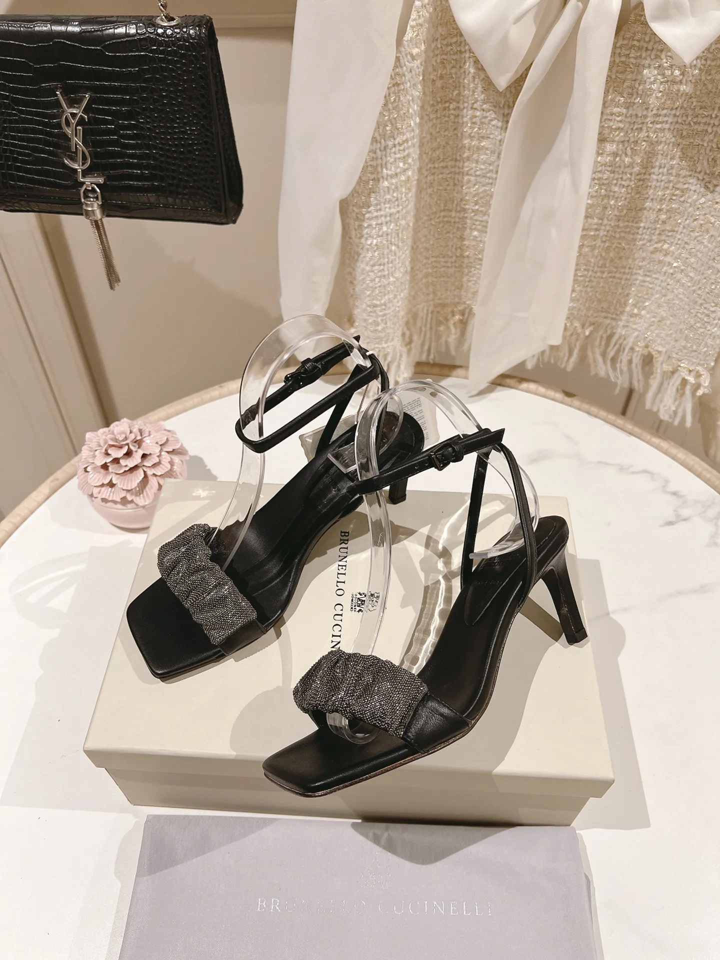 Brunello Cucinelli Black Beaded Strap Heeled Sandals – 7cm Elegant Evening Heel
