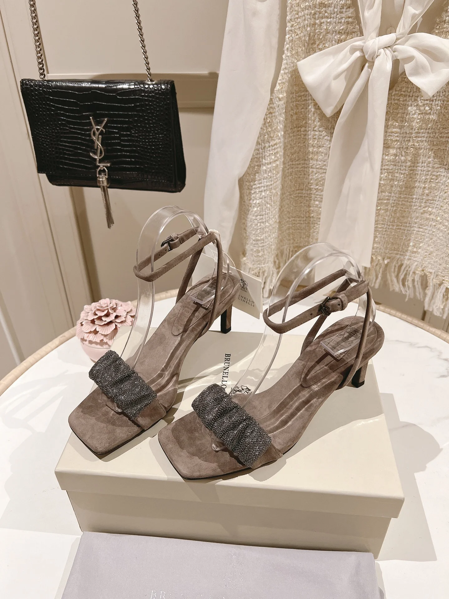 Brunello Cucinelli Taupe Suede Beaded Strap Heeled Sandals – 7cm Sophisticated Sandals