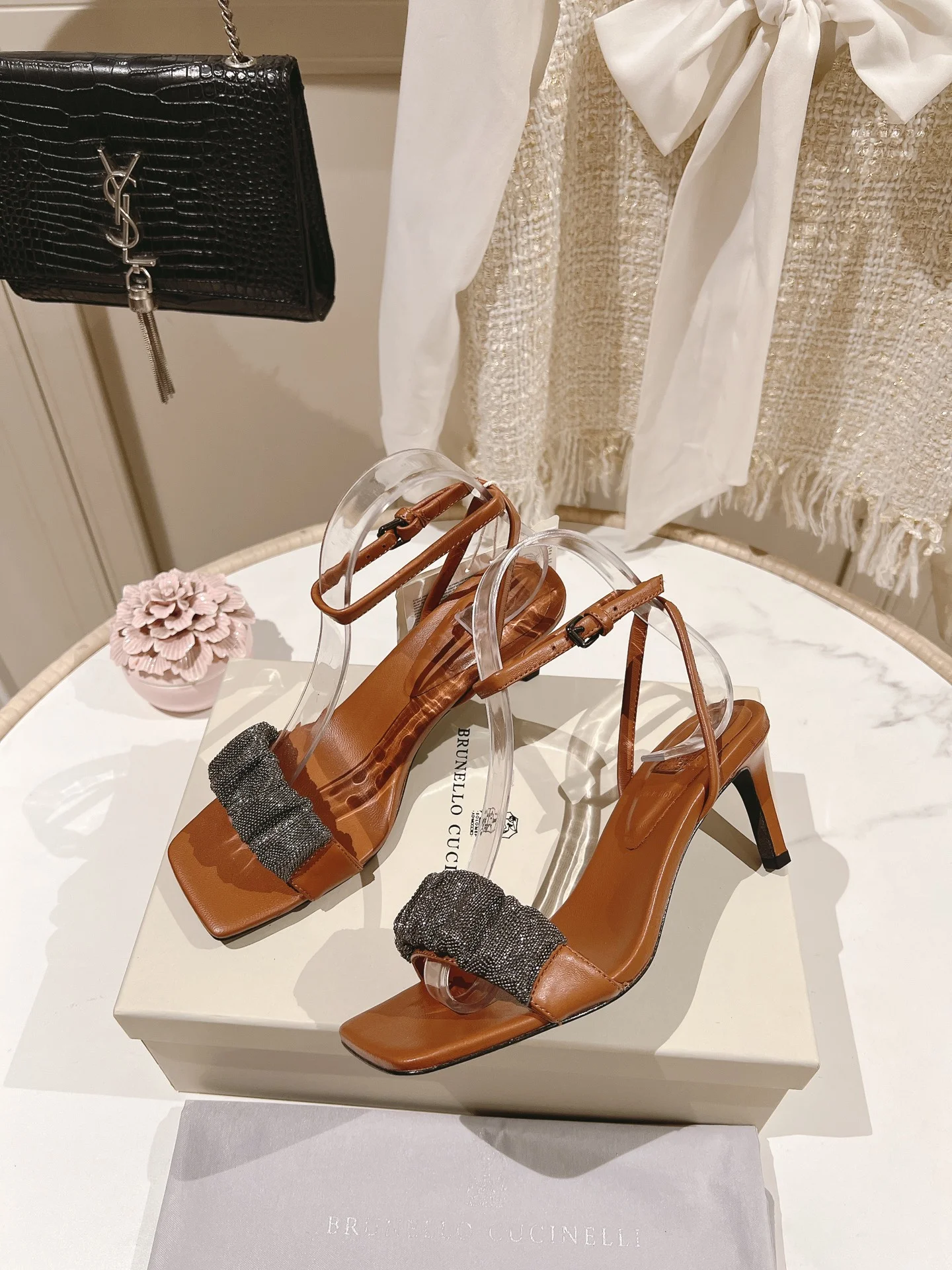 Brunello Cucinelli Brown Leather Beaded Strap Heeled Sandals – 7cm Elegant Open-Toe Design