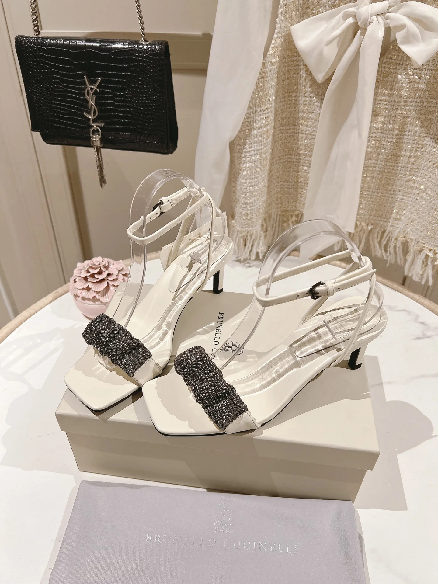 Brunello Cucinelli White Beaded Strap Heeled Sandals – 7cm Elegant Summer Heels