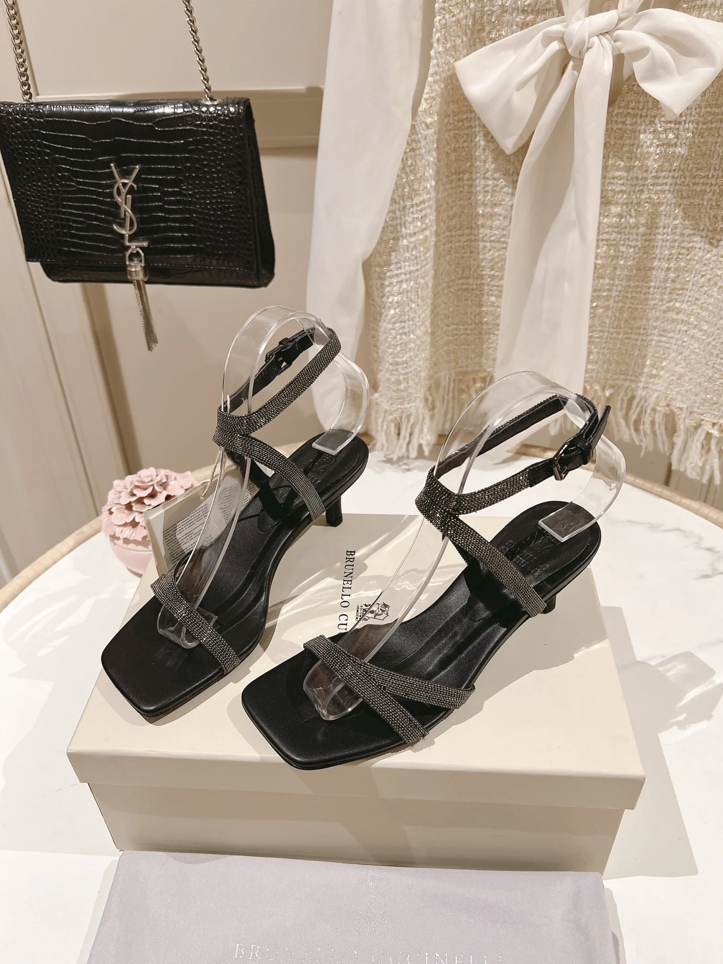 Brunello Cucinelli Black Strappy Beaded Sandals – 7cm Elegant Heels