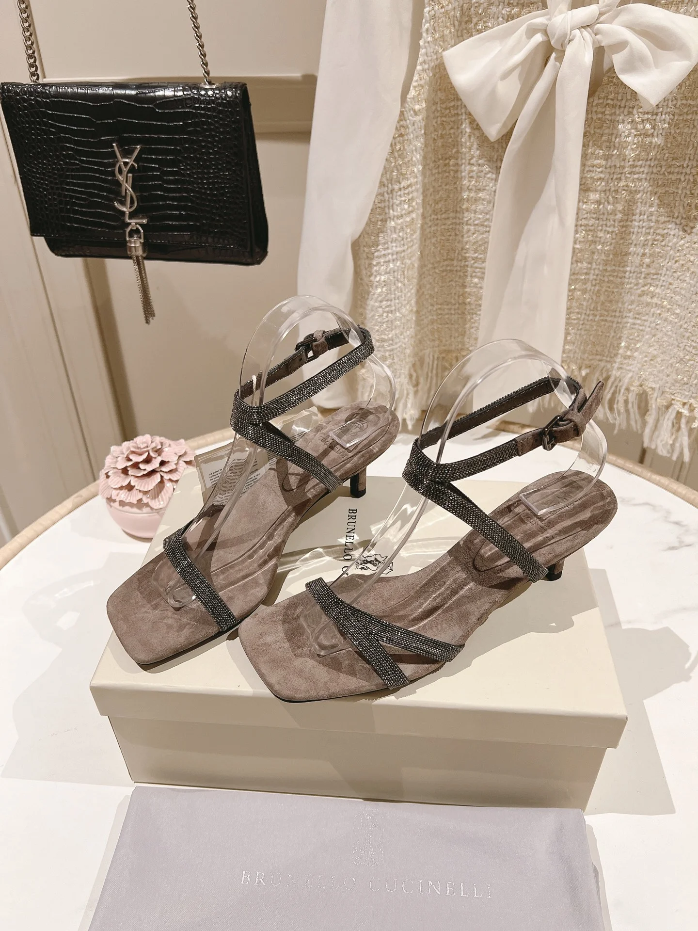 Brunello Cucinelli Taupe Suede Strappy Beaded Sandals – 7cm Elegant Heels