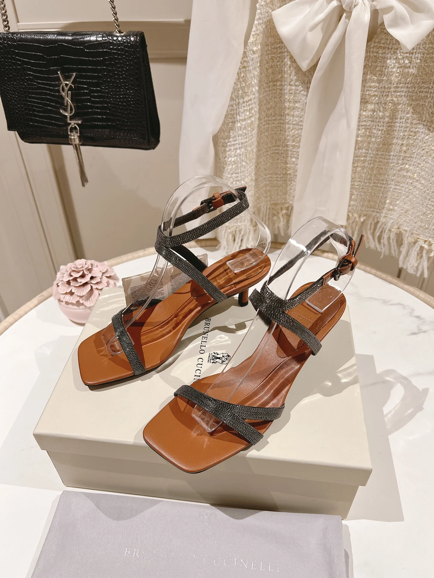 Brunello Cucinelli Cognac Leather Strappy Beaded Sandals – 7cm Heel Elegance