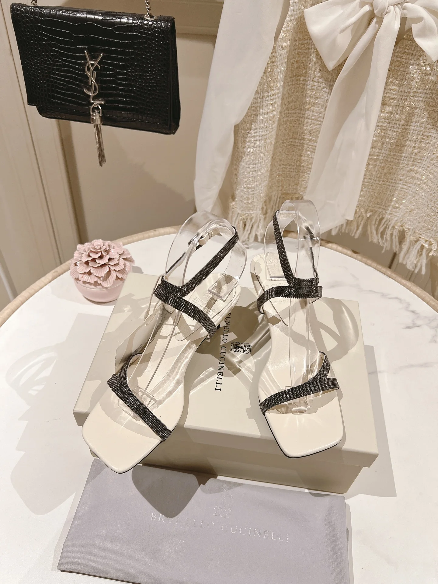 Brunello Cucinelli White Beaded Strap Leather Sandals – 7cm Heel Refined Glamour