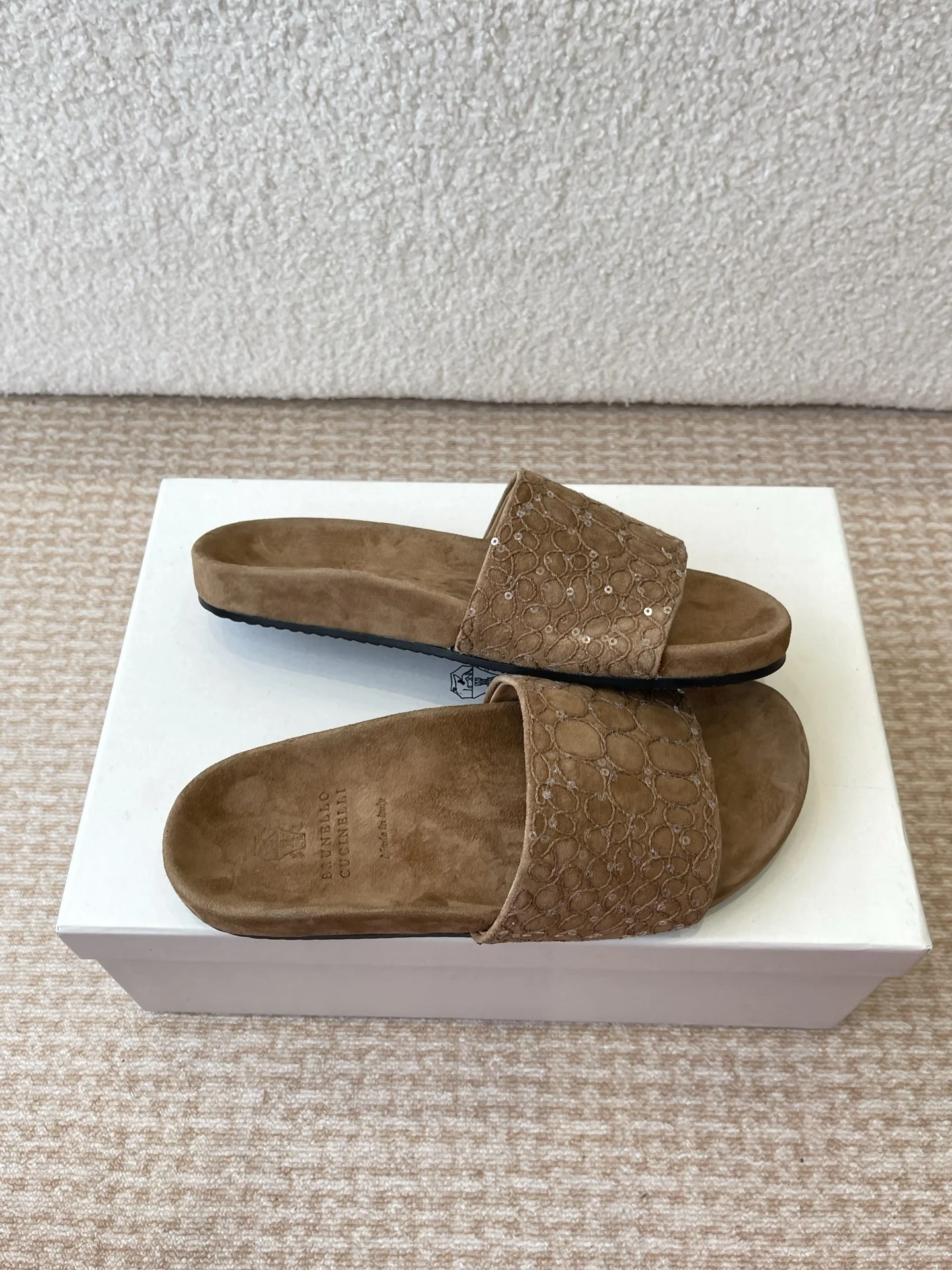 Brunello Cucinelli Embossed Suede Slide Sandals in Taupe