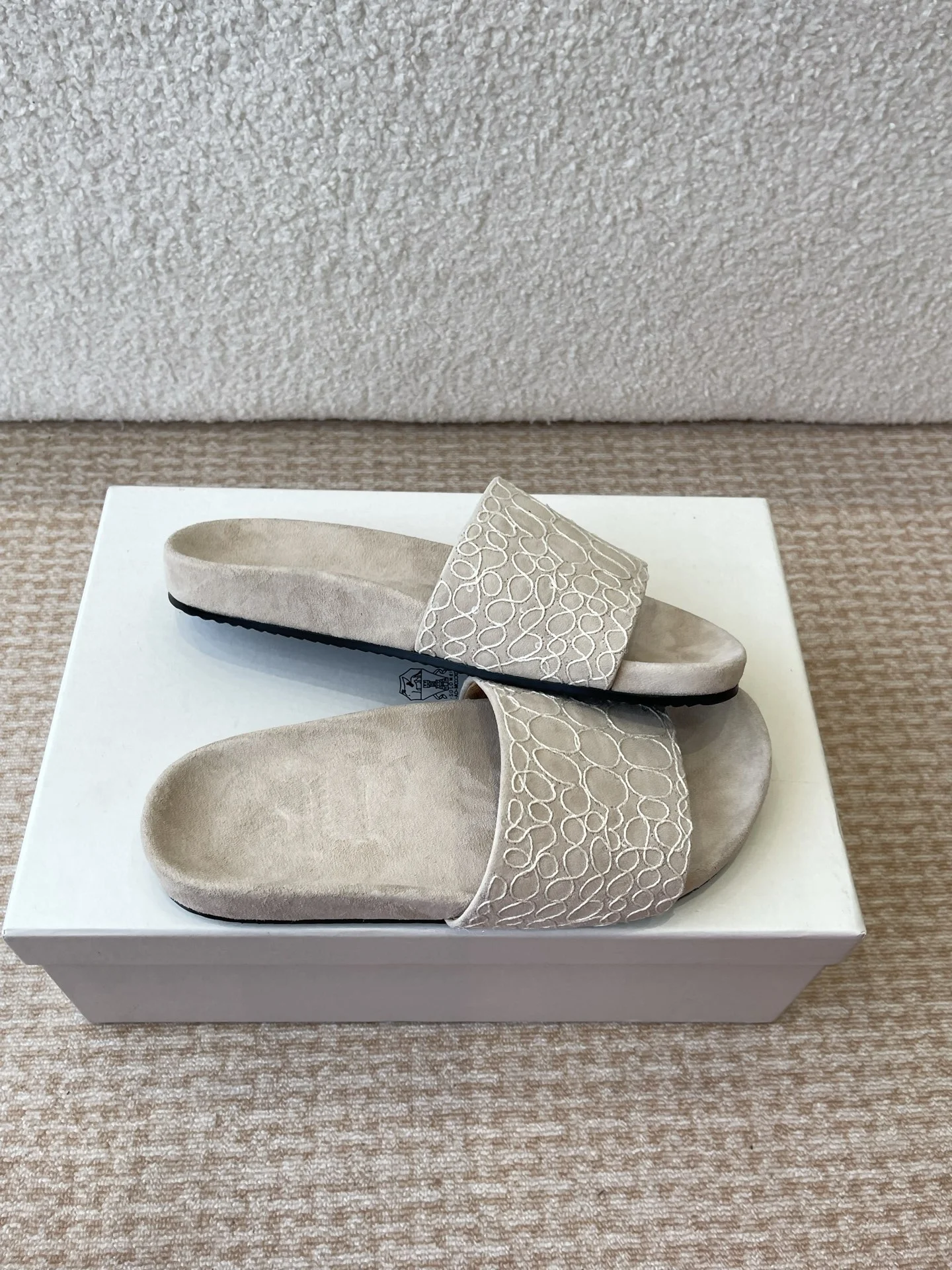 Brunello Cucinelli Light Beige Embossed Suede Slide Sandals