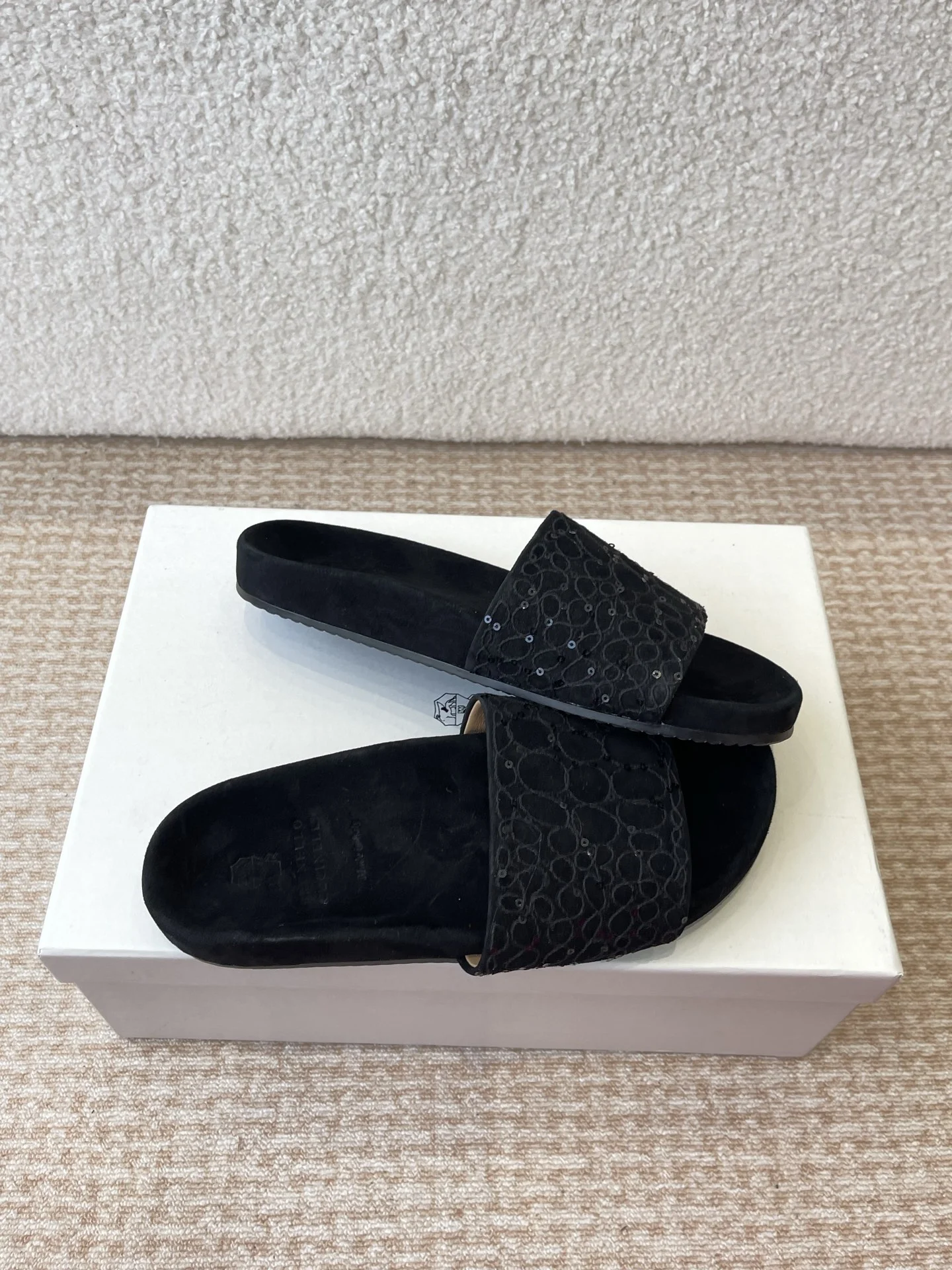 Brunello Cucinelli Black Embossed Suede Slide Sandals