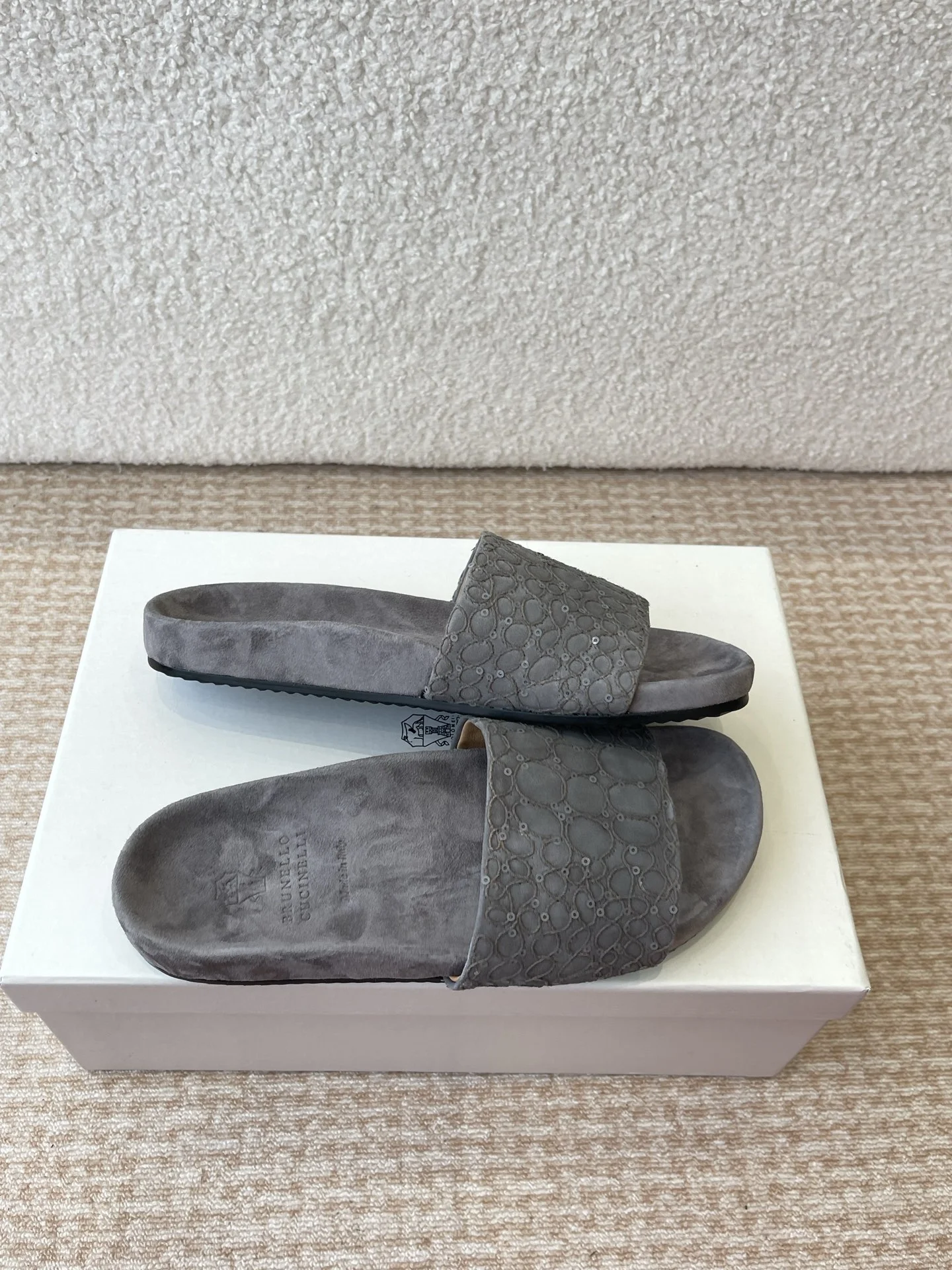 Brunello Cucinelli Gray Suede Embossed Slide Sandals