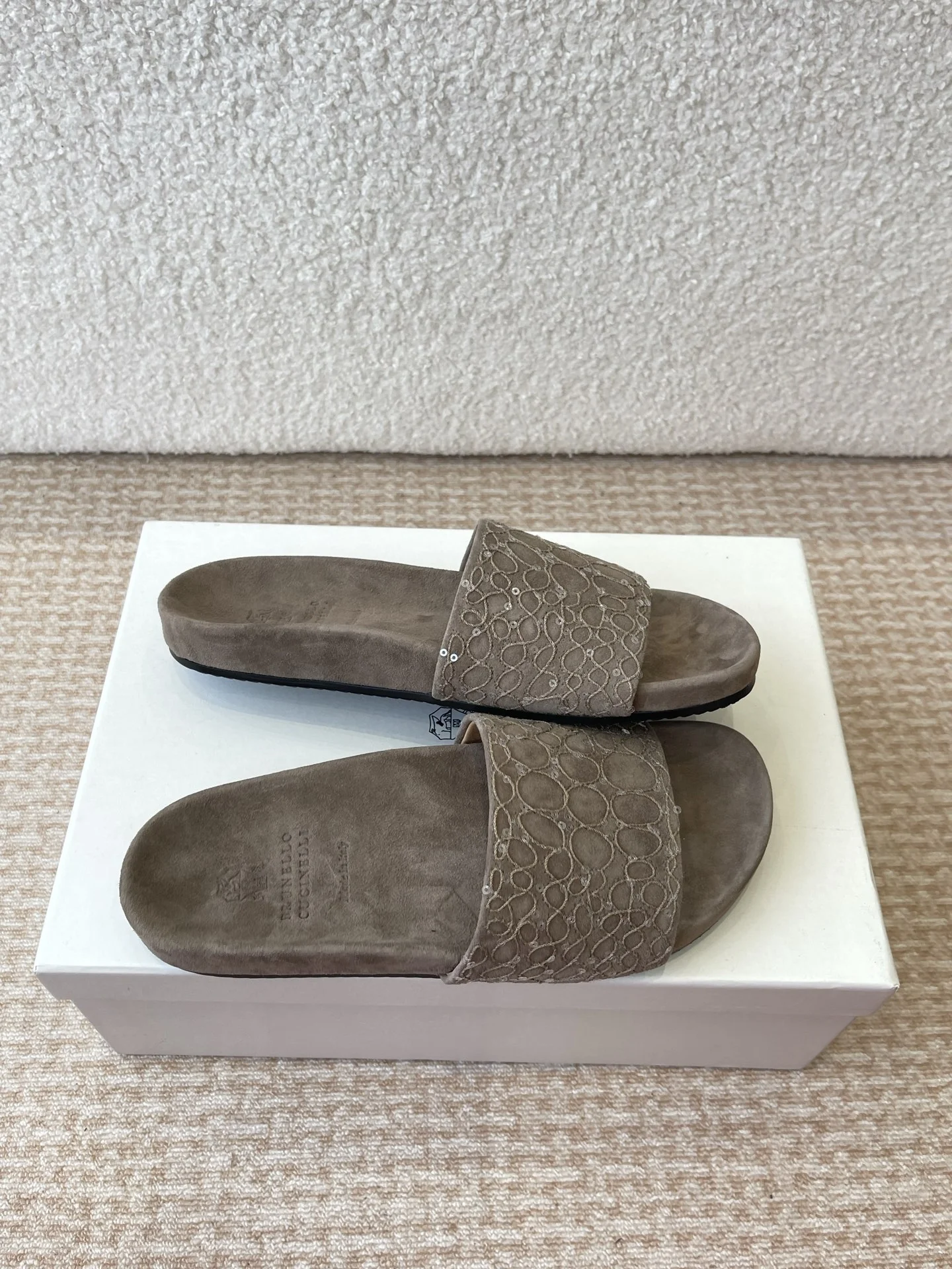 Brunello Cucinelli Taupe Brown Suede Embossed Slide Sandals