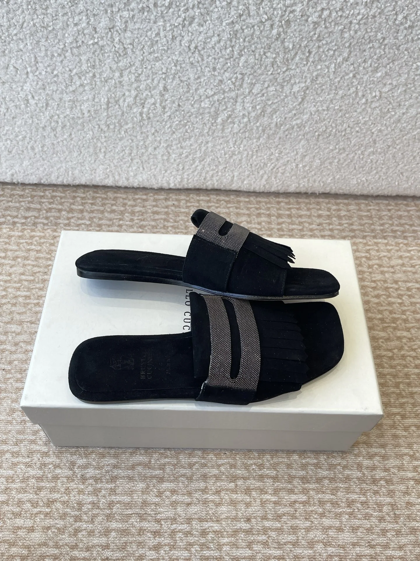 Brunello Cucinelli Black Suede Fringe Slide Sandals with Monili Beads | Women’s Luxury Summer Flats