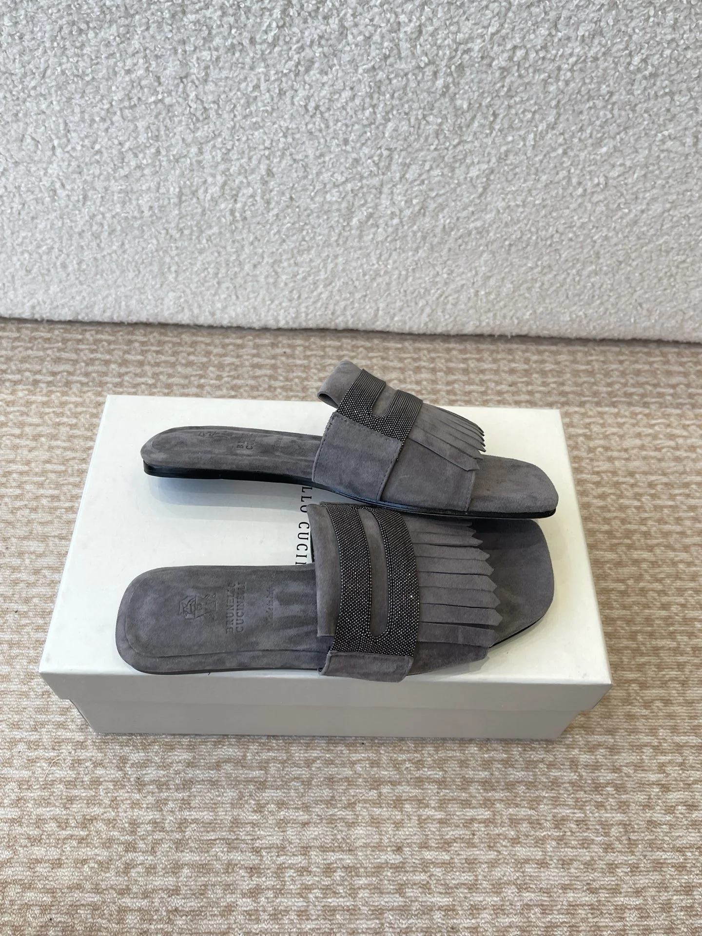 Brunello Cucinelli Dark Grey Suede Fringe Slides with Signature Monili Band | Luxury Italian Flats Brunello Cucinelli Dark Grey Suede Fringe Slides with Signature Monili Band | Luxury Italian Flats