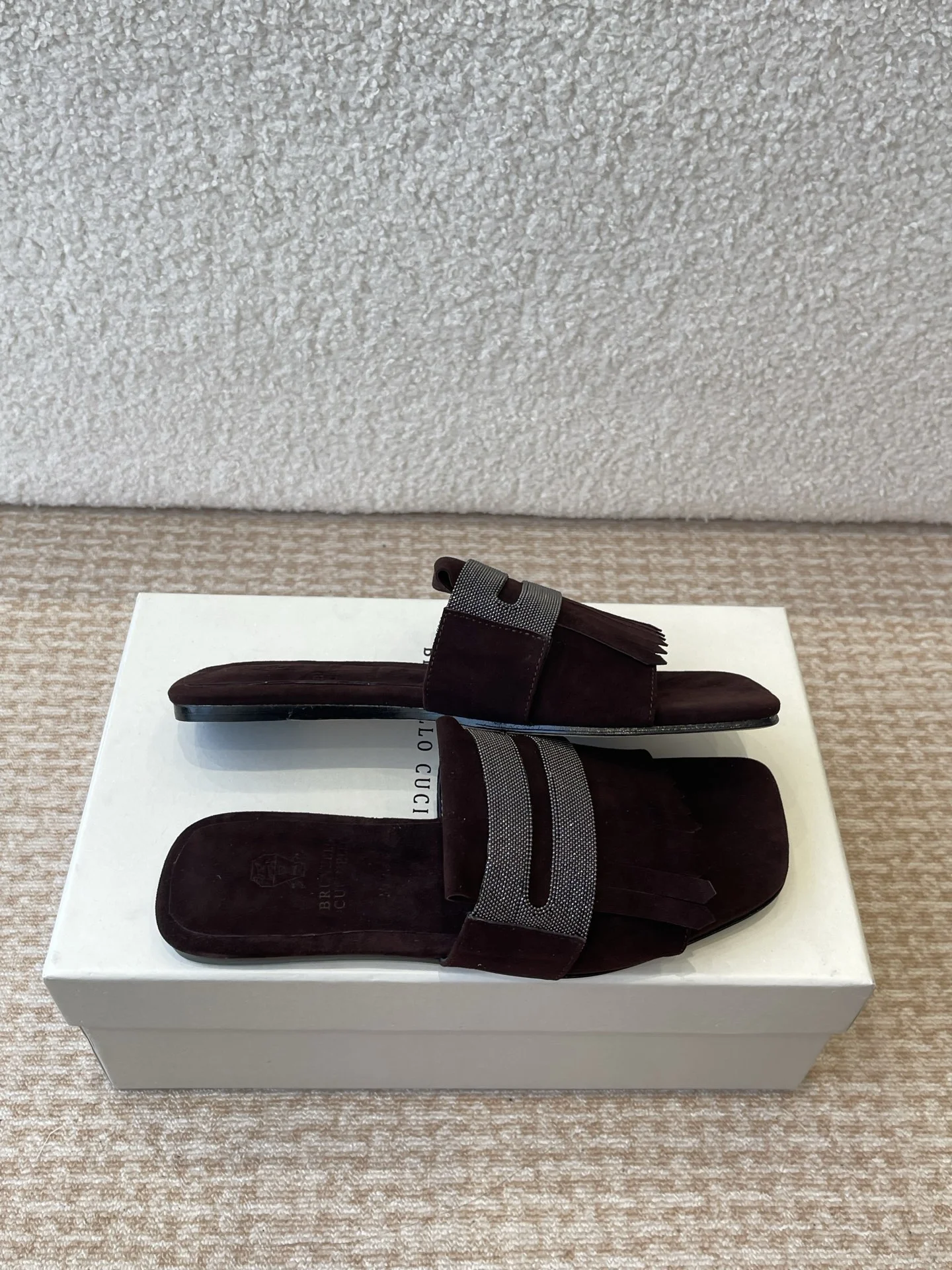 Brunello Cucinelli Burgundy Suede Fringe Slides with Monili Embellishment | Handmade Italian Sandals Brunello Cucinelli Burgundy Suede Fringe Slides with Monili Embellishment | Handmade Italian Sandals