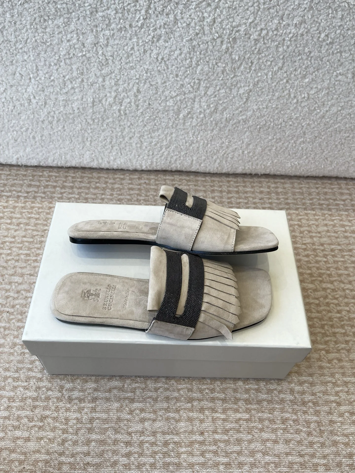 Brunello Cucinelli Off-White Suede Fringe Flat Sandals with Monili Trim | Italian Designer Slides Brunello Cucinelli Off-White Suede Fringe Flat Sandals with Monili Trim | Italian Designer Slides