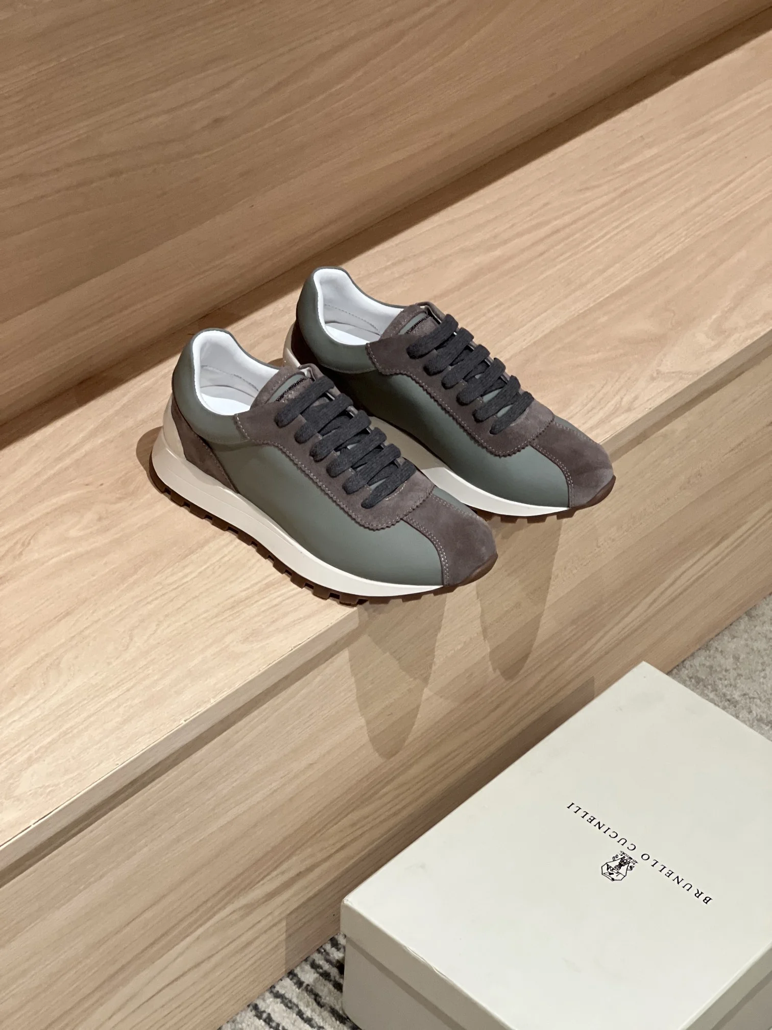 Brunello Cucinelli Olive & Taupe Suede Leather Sneakers 