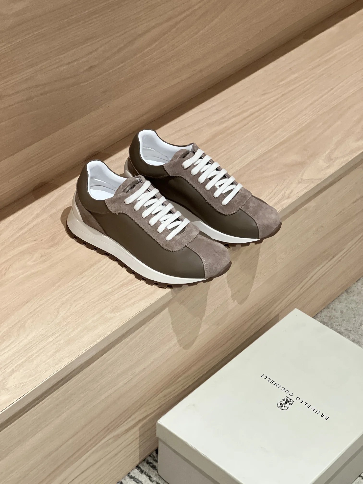 Brunello Cucinelli Style Olive Leather & Suede Sneakers