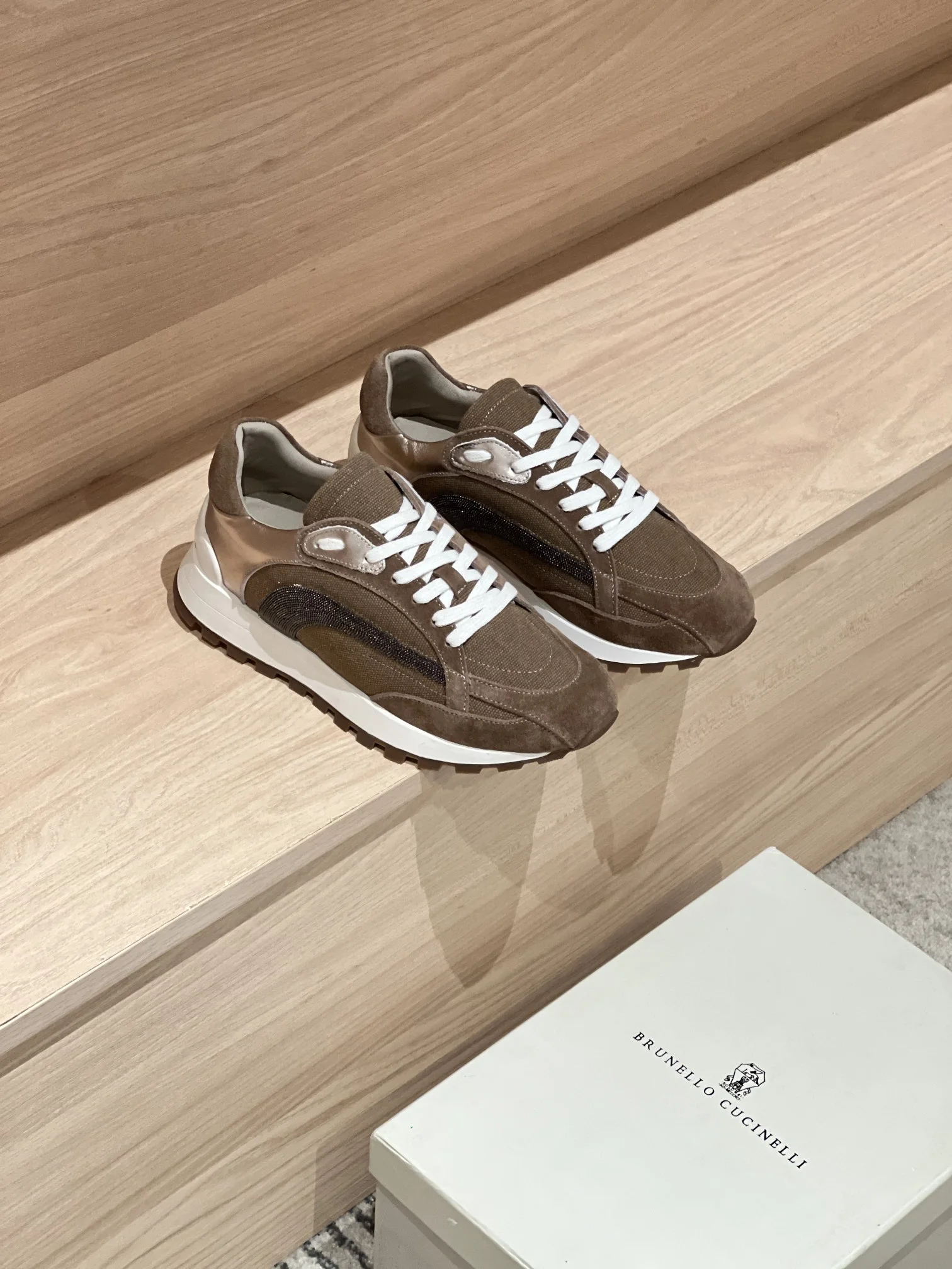 Brunello Cucinelli-Inspired Brown Canvas Crystal Sneakers – Women’s Luxe Trainers