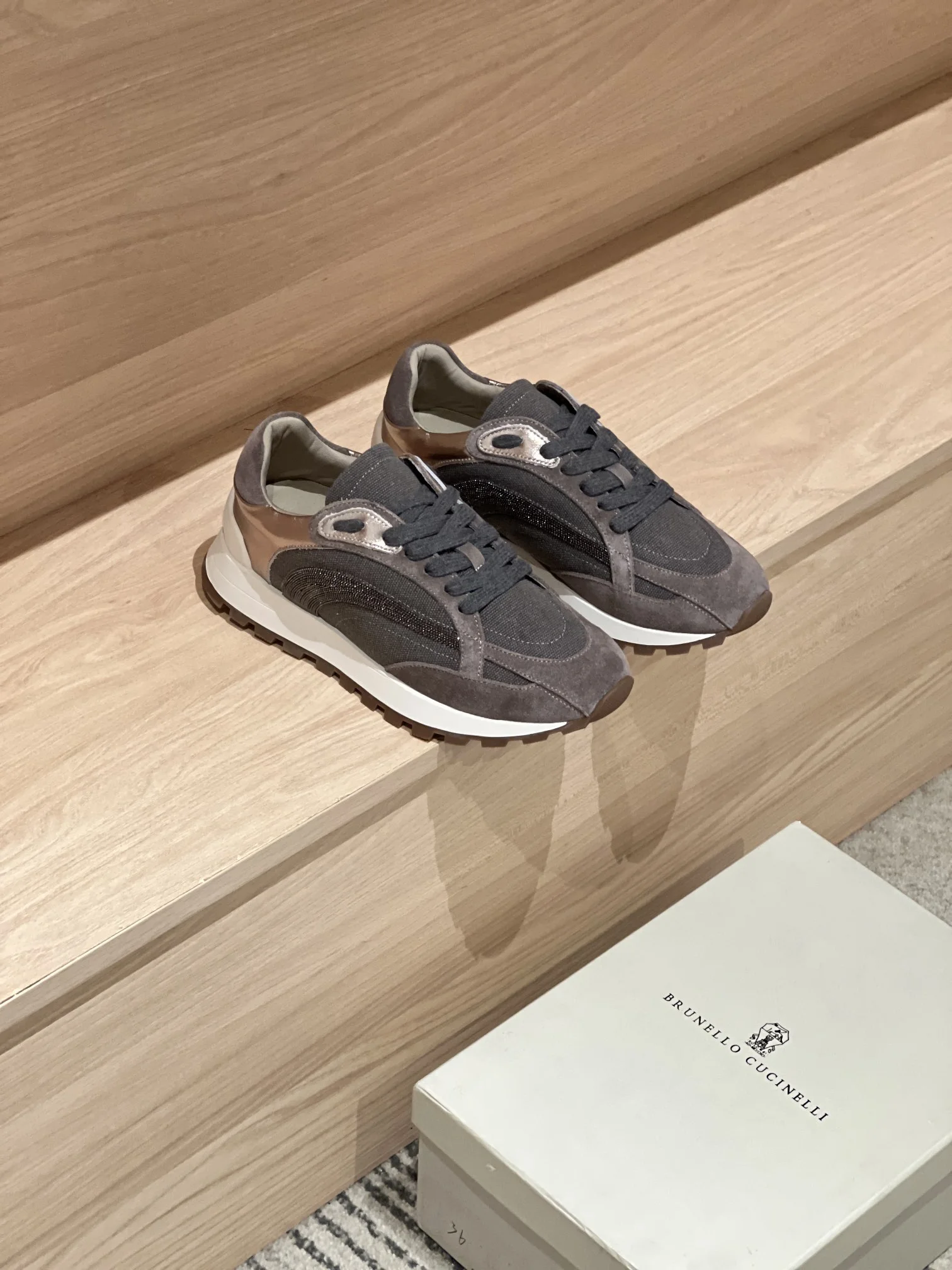 Brunello Cucinelli-Inspired Charcoal Canvas Sneakers with Crystal Accent – Women’s Designer Trainers