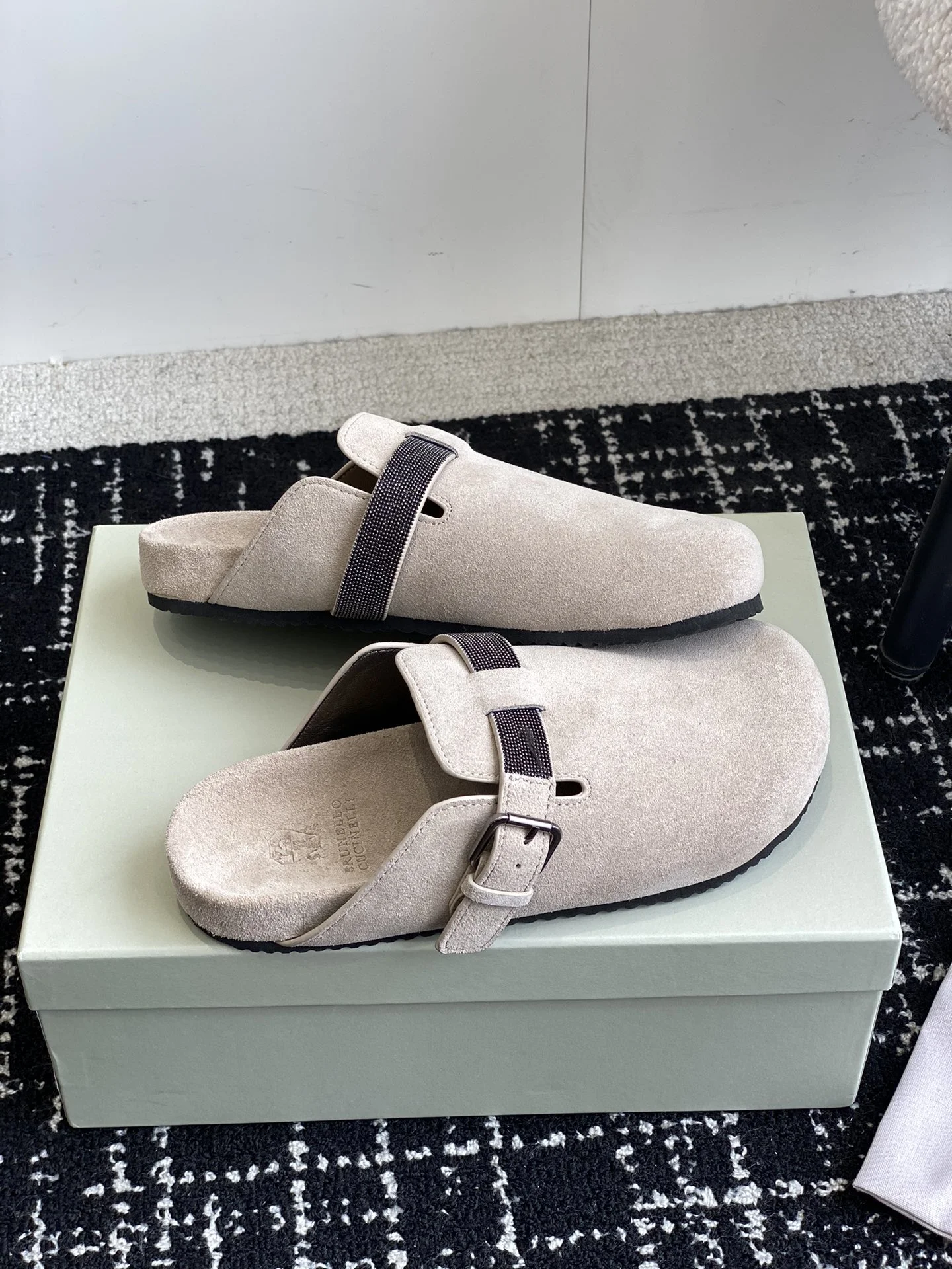 Brunello Cucinelli Suede Buckle Clogs – Light Beige Mule Sandals