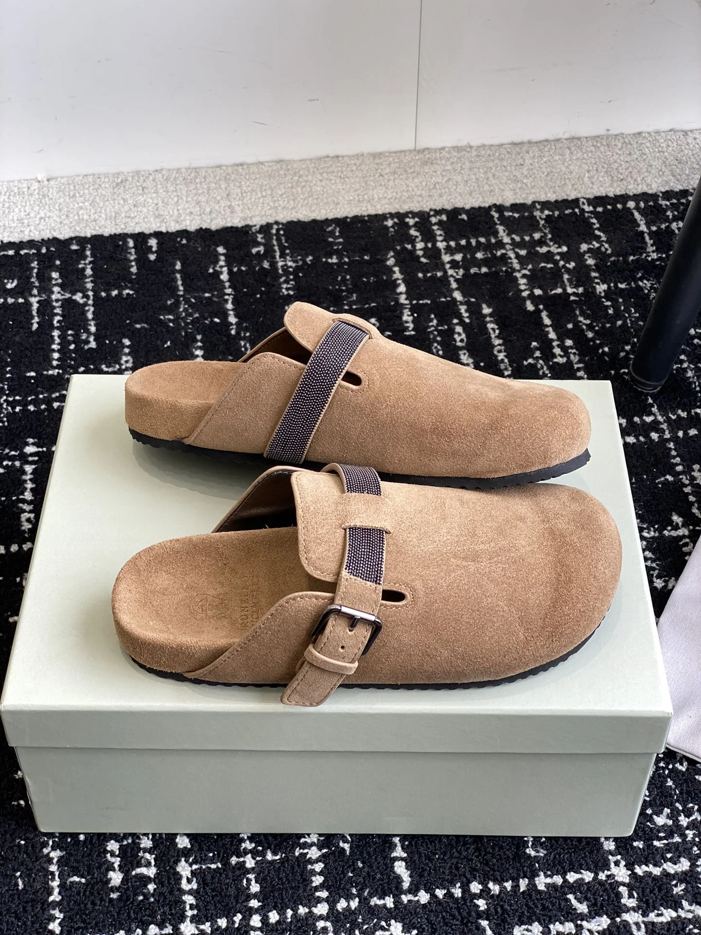 Brunello Cucinelli Suede Buckle Clogs – Camel Brown Slip-On Mules 