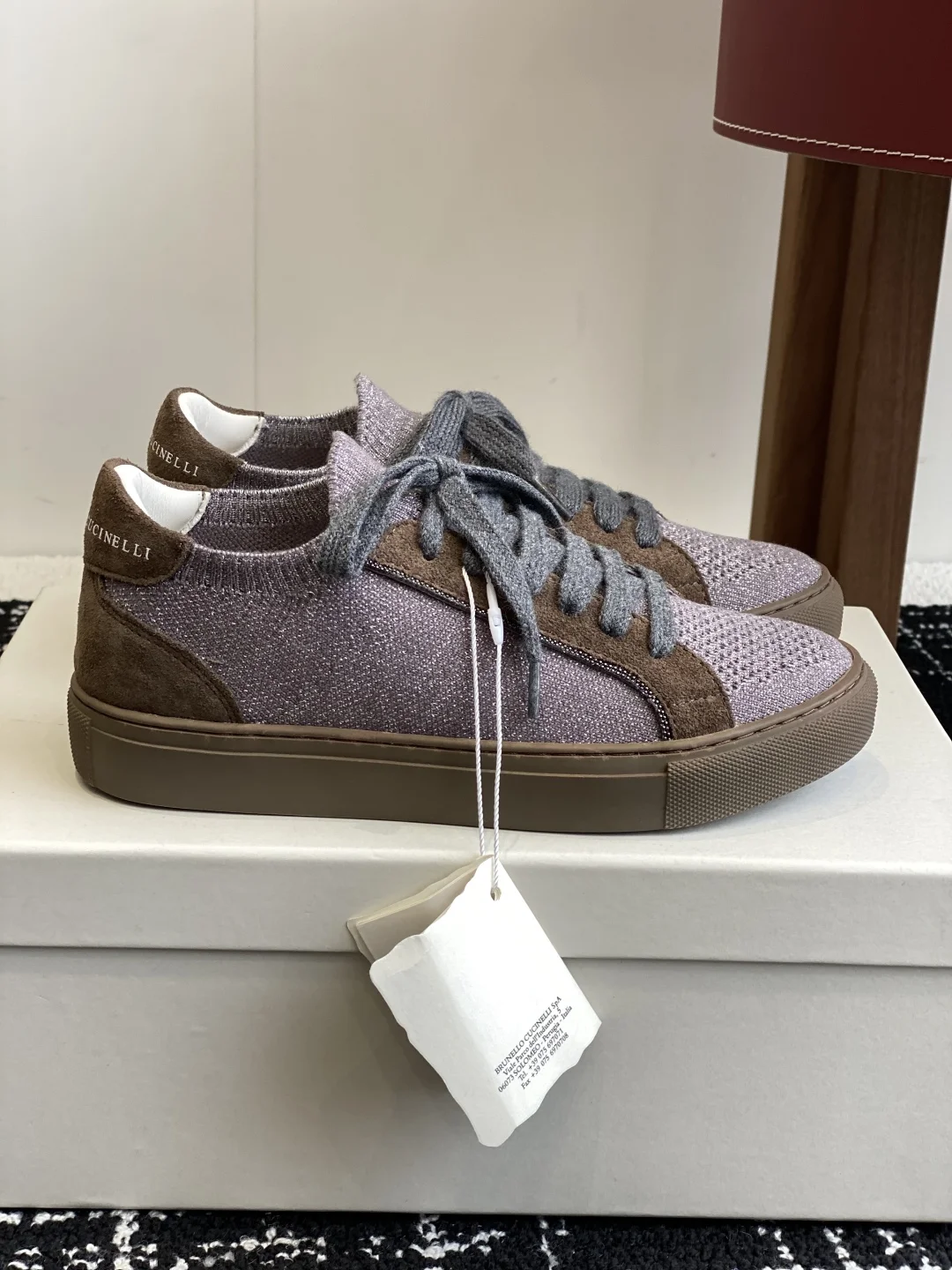 Brunello Cucinelli Knit & Suede Lace-Up Sneakers – Light Mauve Taupe