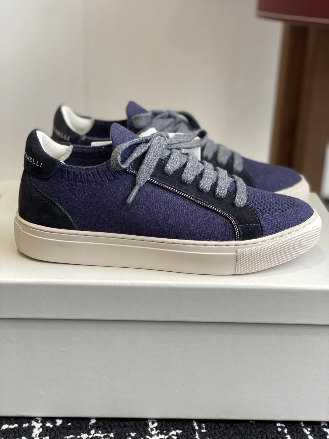 Brunello Cucinelli Knit & Suede Sneakers – Navy Blue with Grey Laces