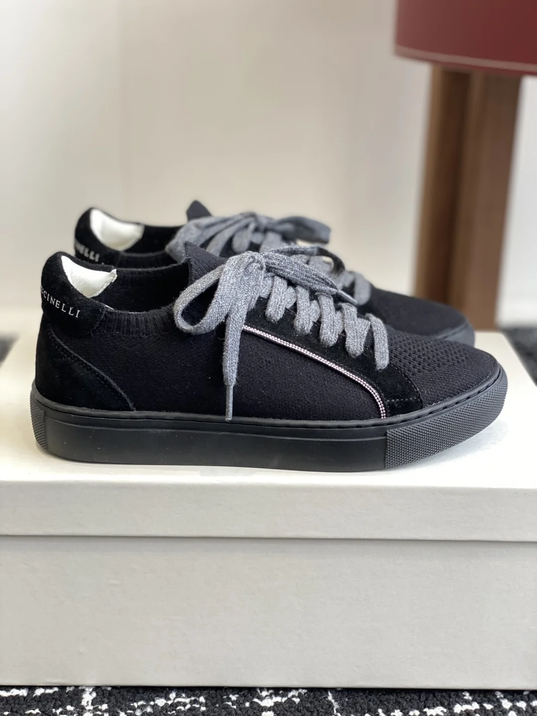Brunello Cucinelli Black Knit & Suede Sneakers with Grey Laces