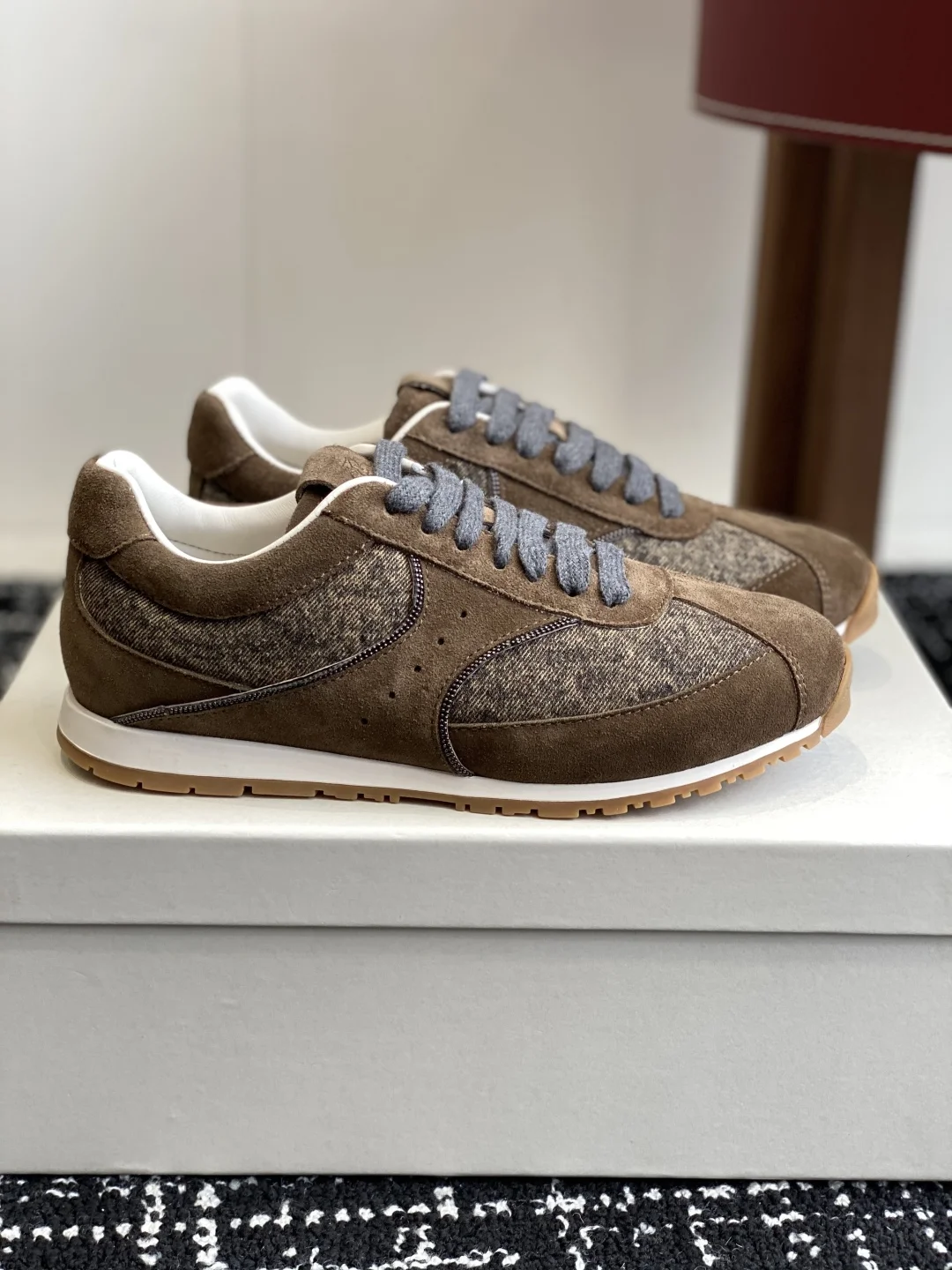 Brunello Cucinelli Brown Mixed Fabric Retro Sneakers