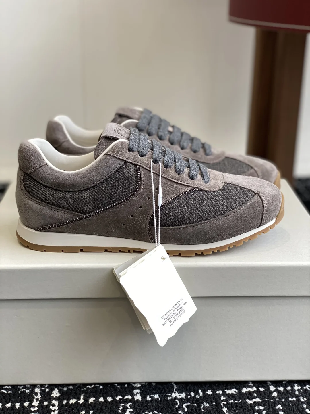 Brunello Cucinelli Grey Suede & Fabric Retro Sneakers