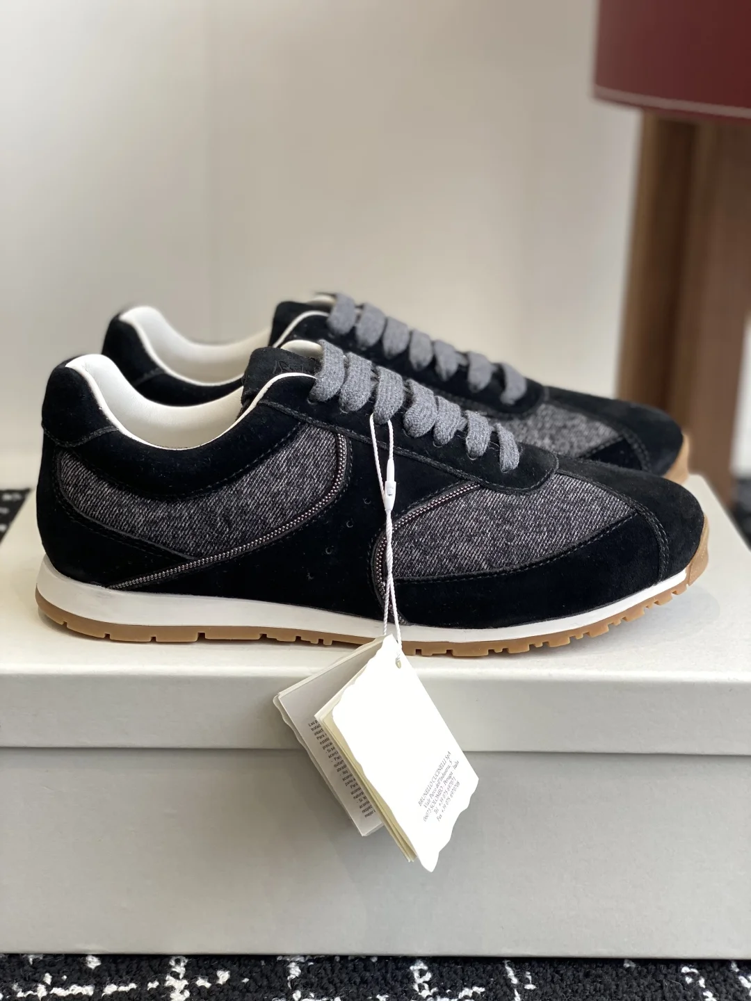 Brunello Cucinelli Black & Grey Suede Knit Retro Sneakers