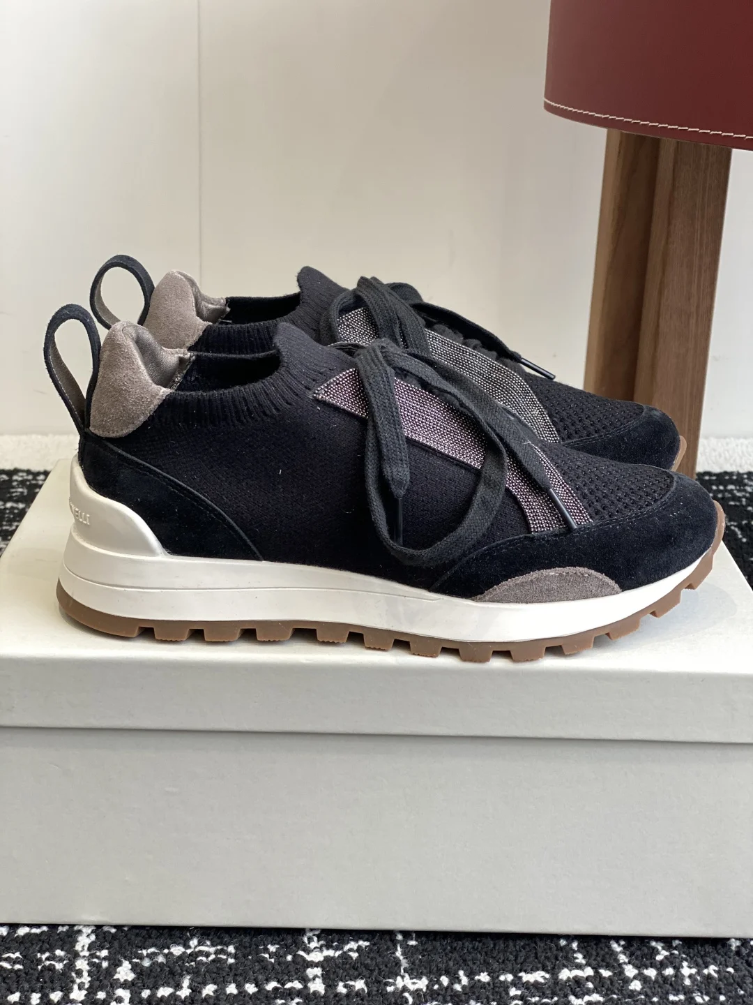 Brunello Cucinelli Black Knit & Suede Platform Sneakers