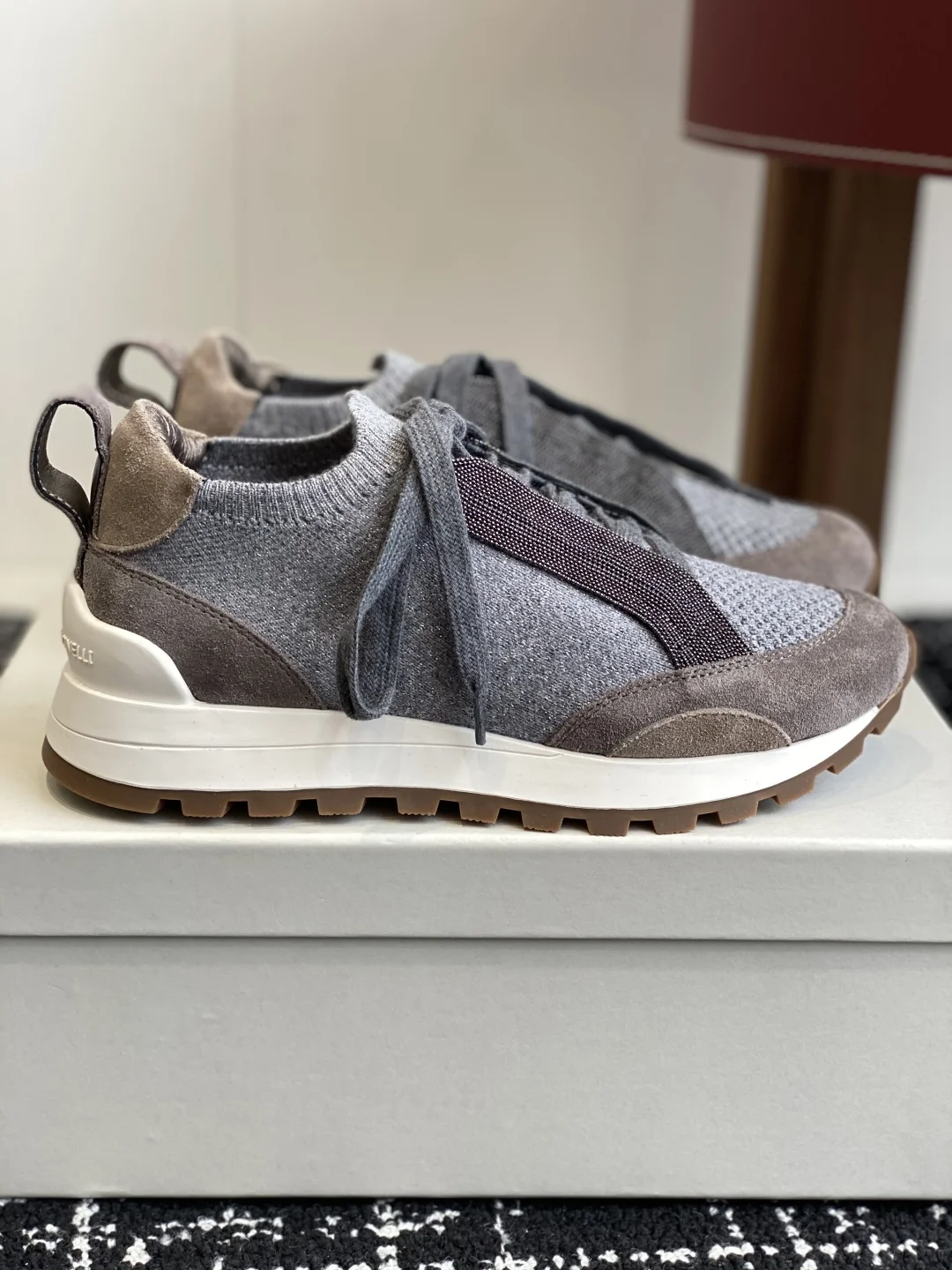 Brunello Cucinelli Grey Knit & Suede Lace-Up Sneakers