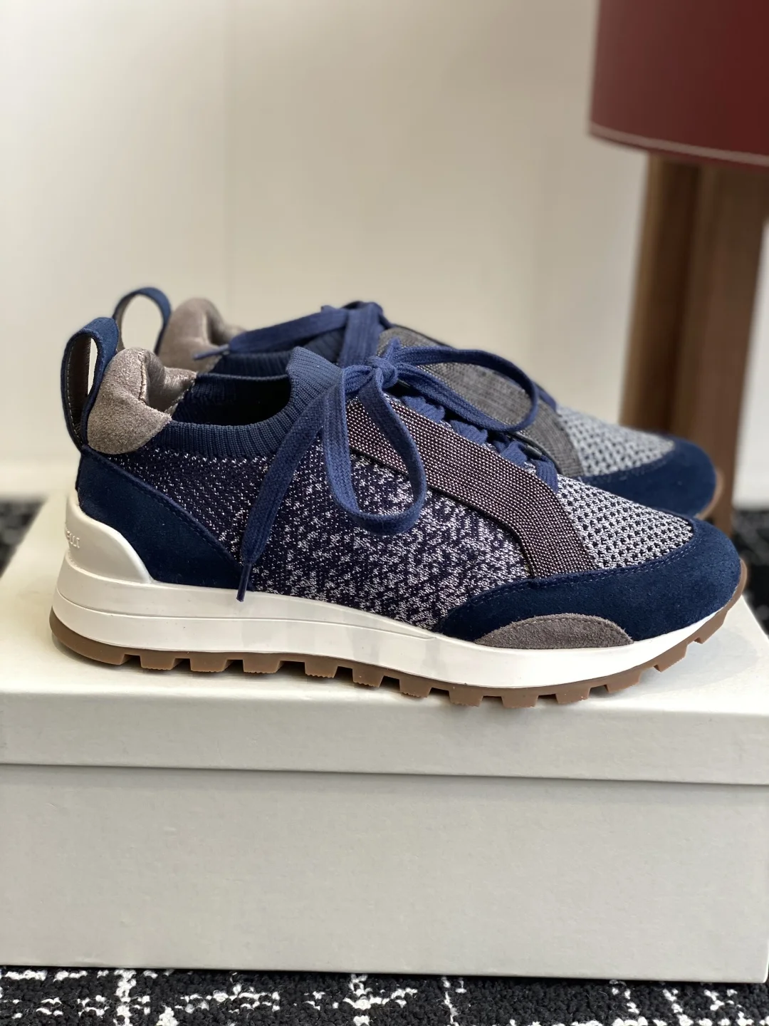 Brunello Cucinelli Navy Blue Knit & Suede Chunky Sneakers