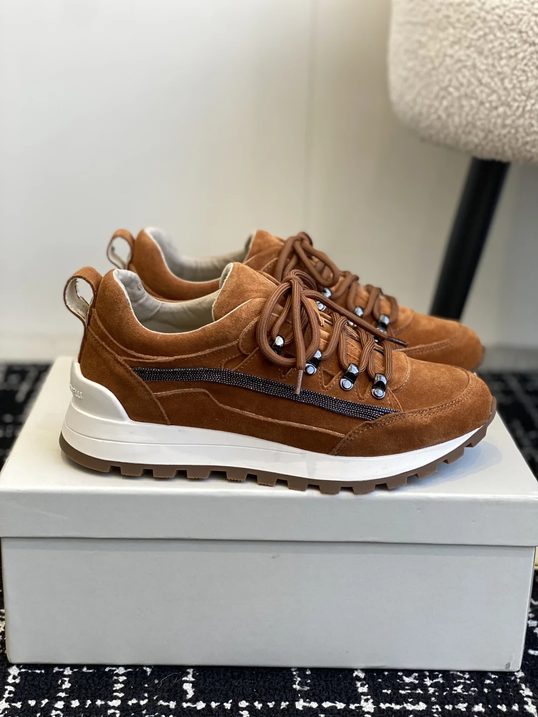 Brunello Cucinelli Caramel Suede Platform Hiking Sneakers