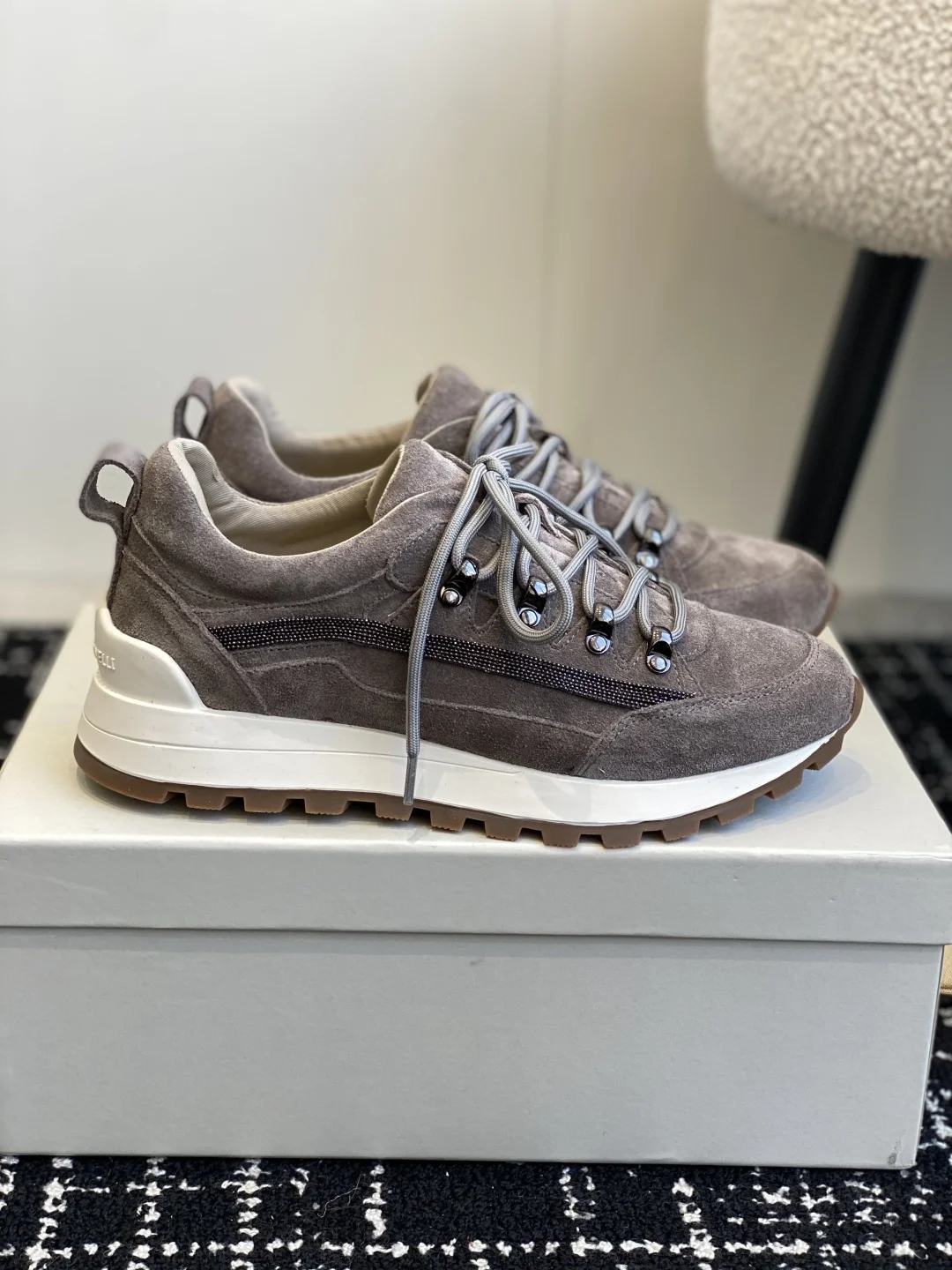 Brunello Cucinelli Grey Suede Platform Hiking Sneakers