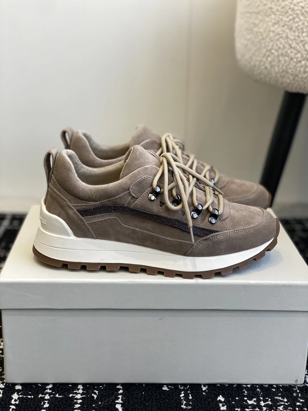 Brunello Cucinelli Beige Suede Lace-Up Hiking Sneakers