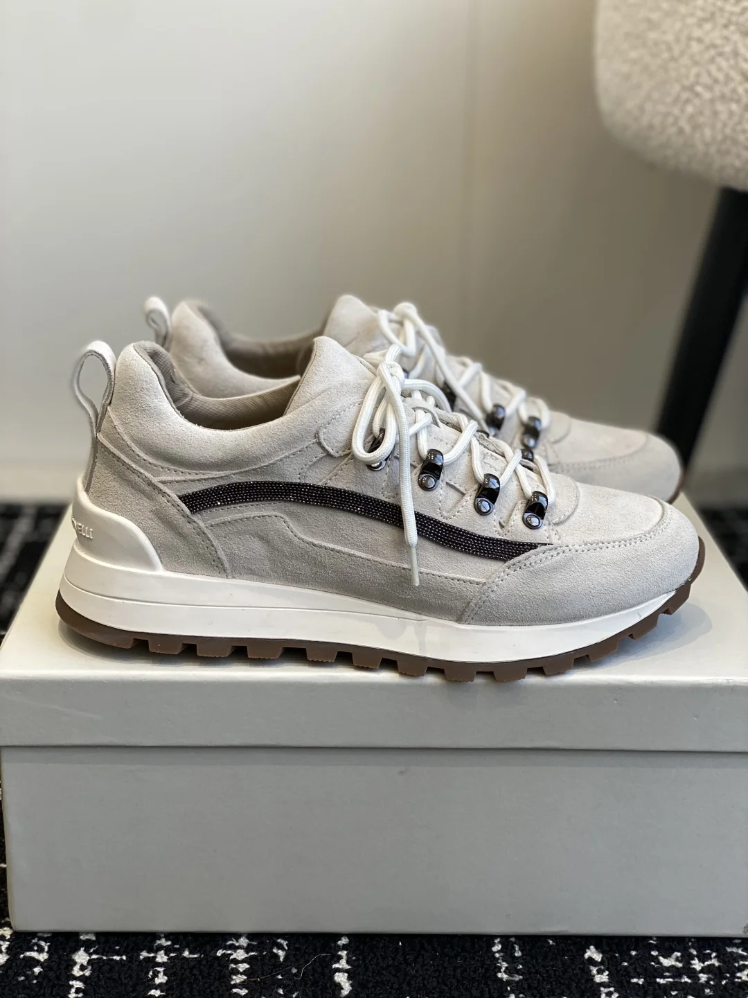 Brunello Cucinelli White Suede Monili Hiking Sneakers